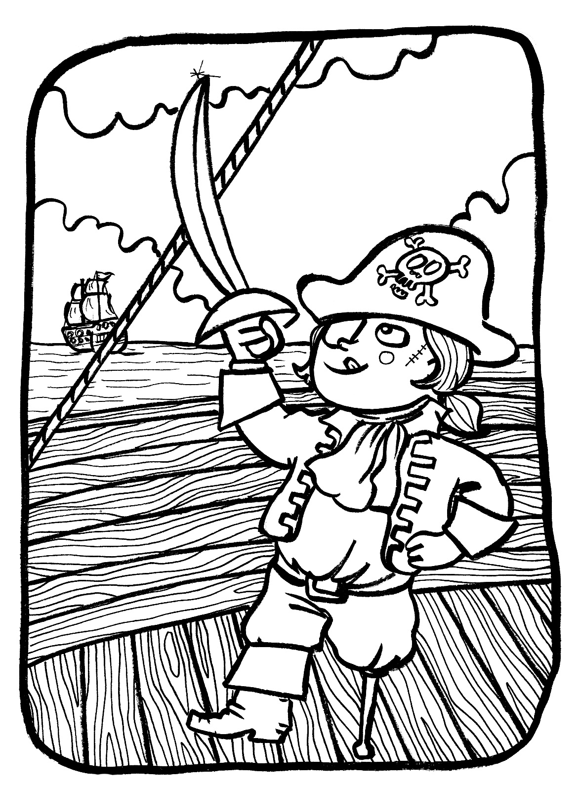 Printable Coloring Page for Kids of a pirate with a wooden leg
