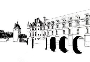 Printable Royal Coloring Page for adults : Chateau-chenonceau