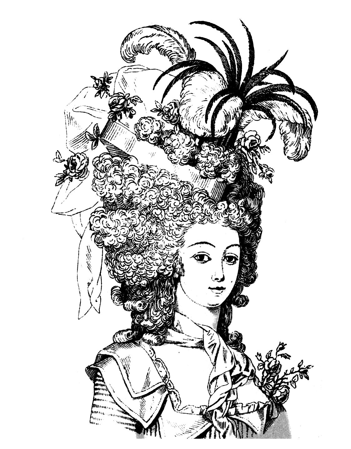 Coloring page of a woman looking like Marie-Antoinette, Queen of France in the 18th century