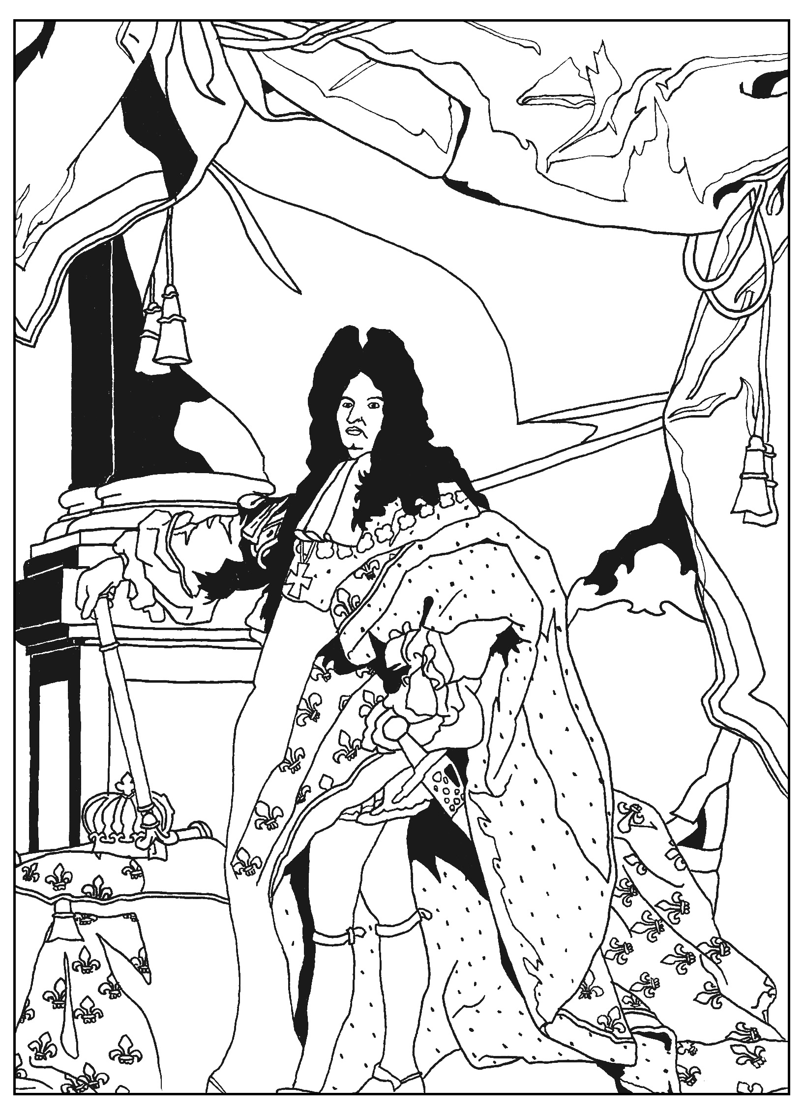 Coloring page representing the famous French King Louis XIV. French King Louis XIV was known as the 'Sun King.' He chose this nickname for himself, as the sun was a symbol of the power and warmth of the French monarchy, Artist : Sofian