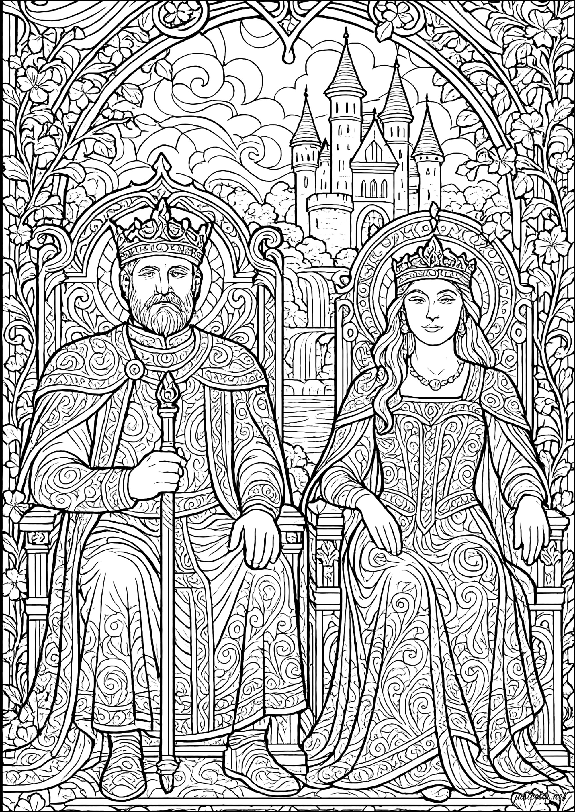 Kings and Queens of an Enchanted Kingdom (Printable Royal Coloring Page for adults)