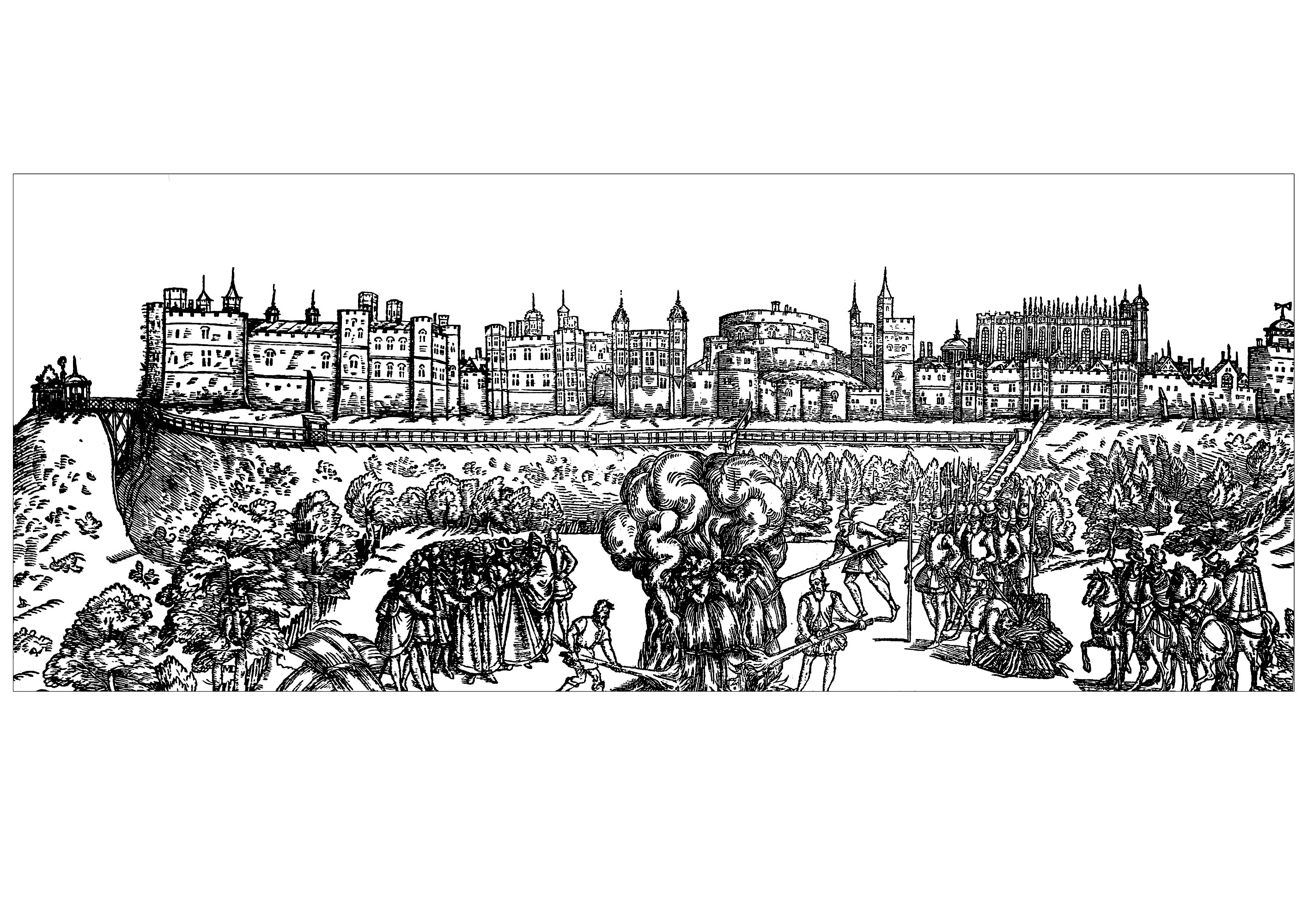 1570 drawing representing the Windsor Castle (Great Britain), the oldest and largest occupied castle in the world (by Queen Elizabeth II)