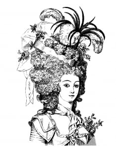 Coloring page of a woman looking like Marie-Antoinette, Queen of France in the 18th century (Royal Coloring Page)