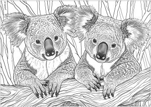 Two beautiful koalas leaning on a tree branch