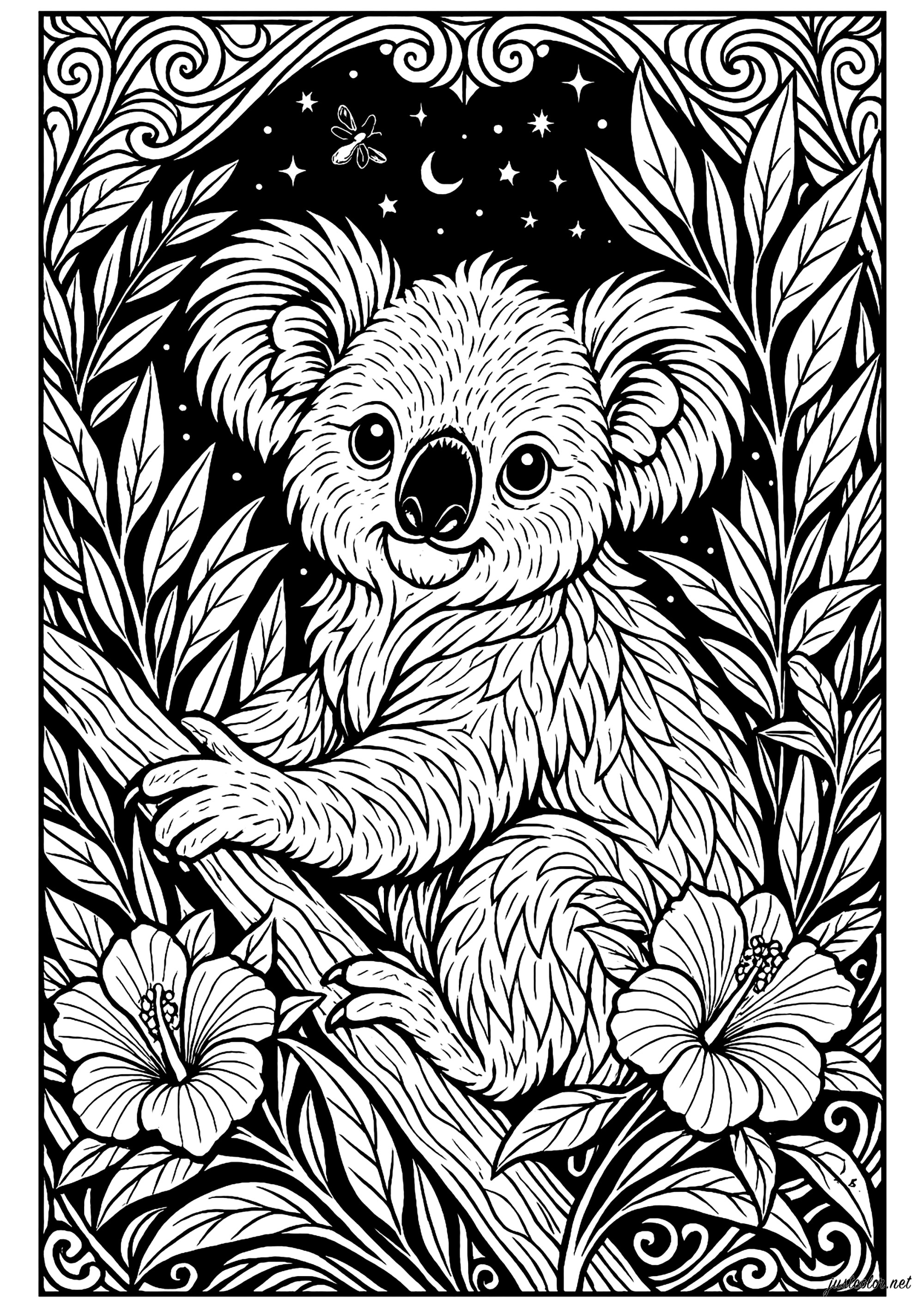 Koala dreaming under the stars (Printable Coloring Page for adults)