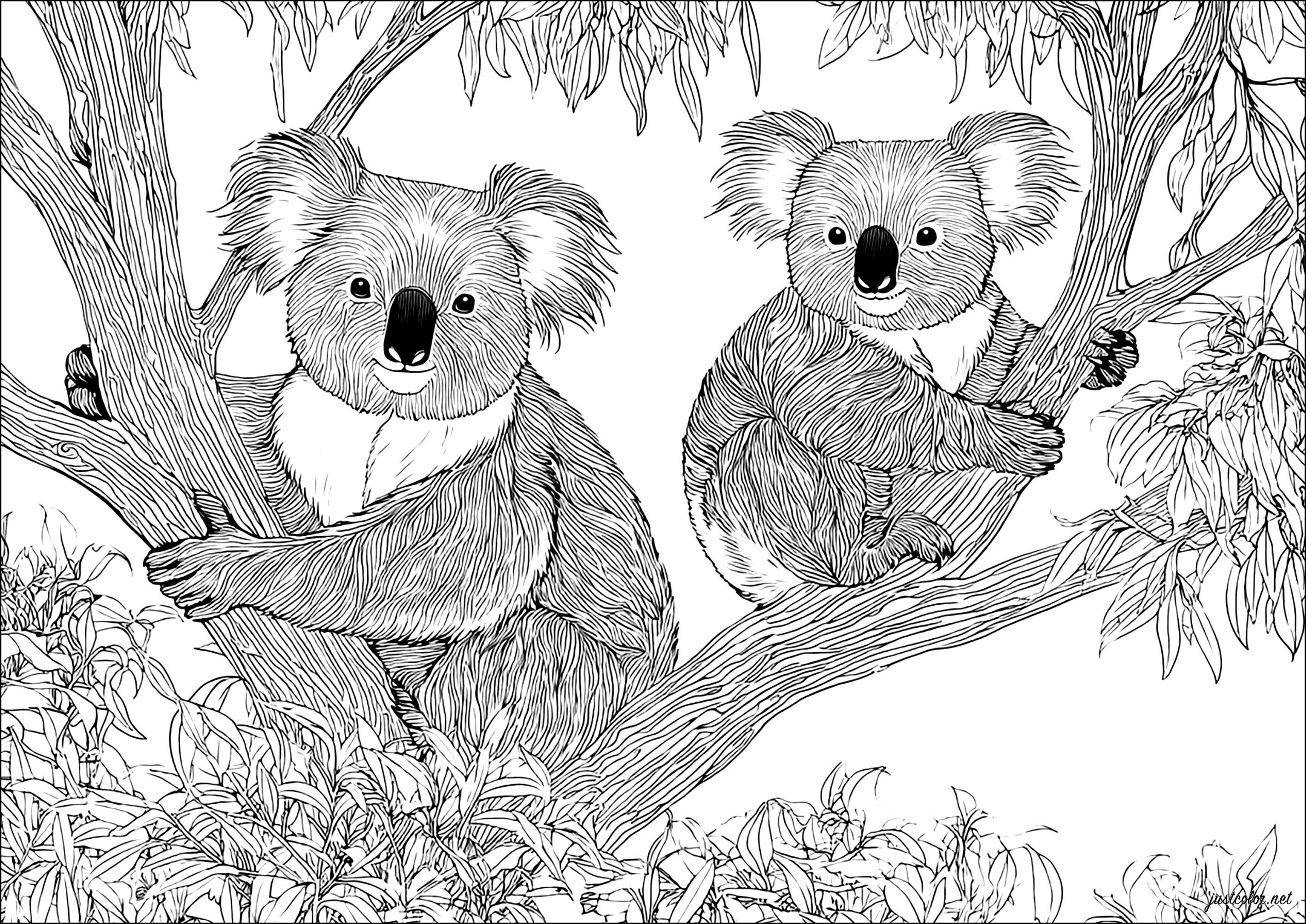Two koalas in a tree (Printable Coloring Page for adults)