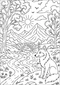 Fox at the edge of a mountain stream. A peaceful fox stands near a stream that winds through the forest, beneath a small stone bridge. In the background, the mountains, trees, and sun compose a calm and refreshing natural landscape.