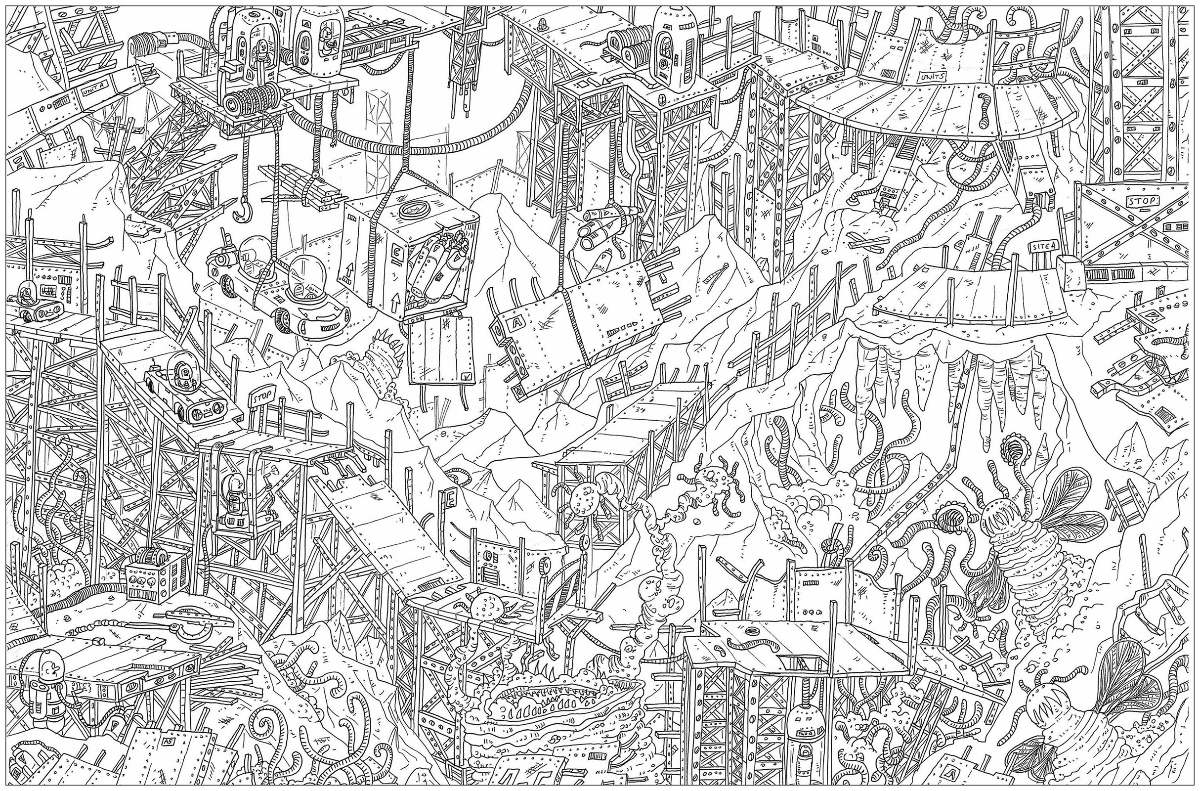 'The planet', a complex coloring page, 'Where is Waldo ?' style, Artist : Frédéric Brogard