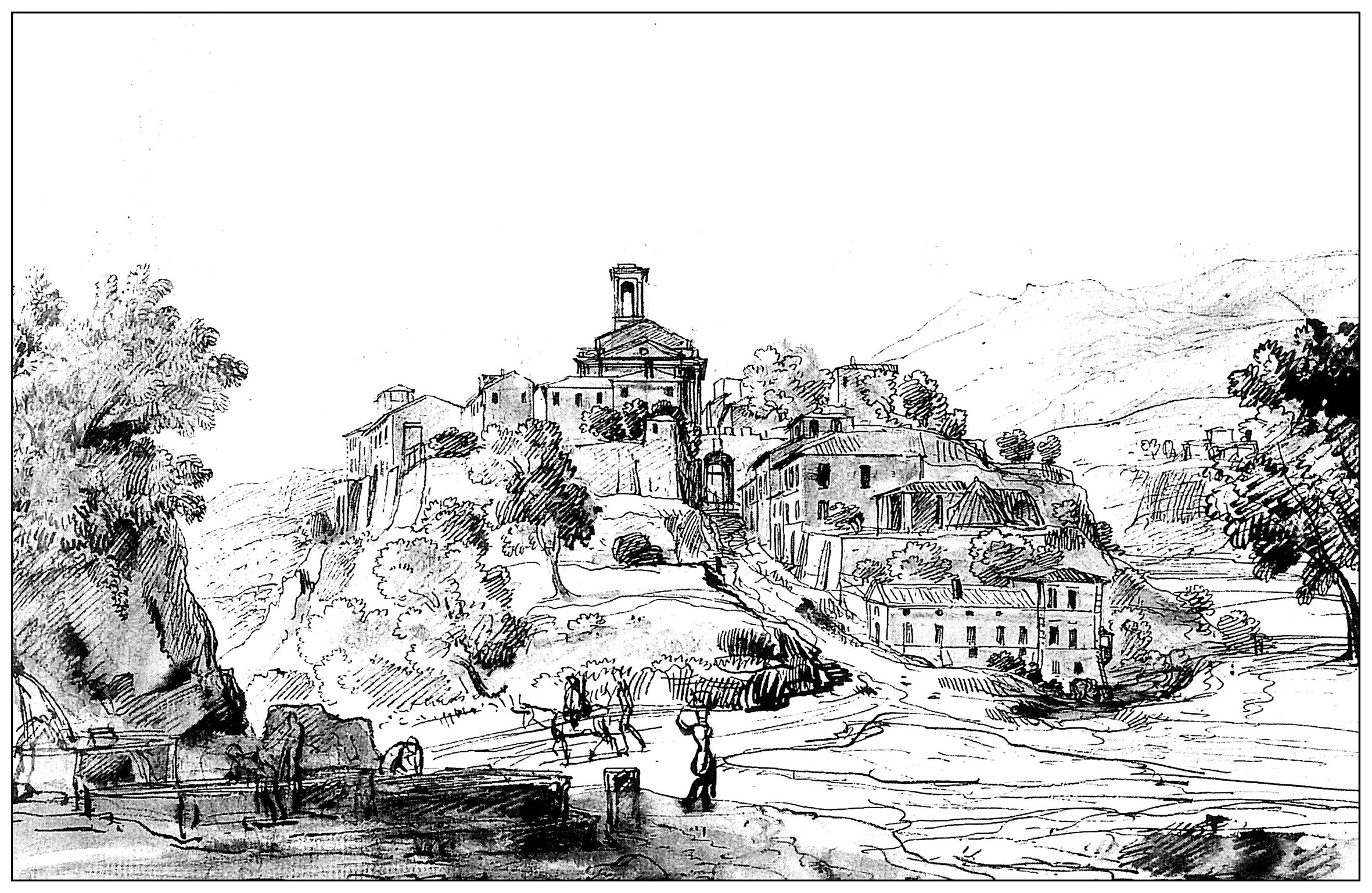 Engraving of a French village (18th century)