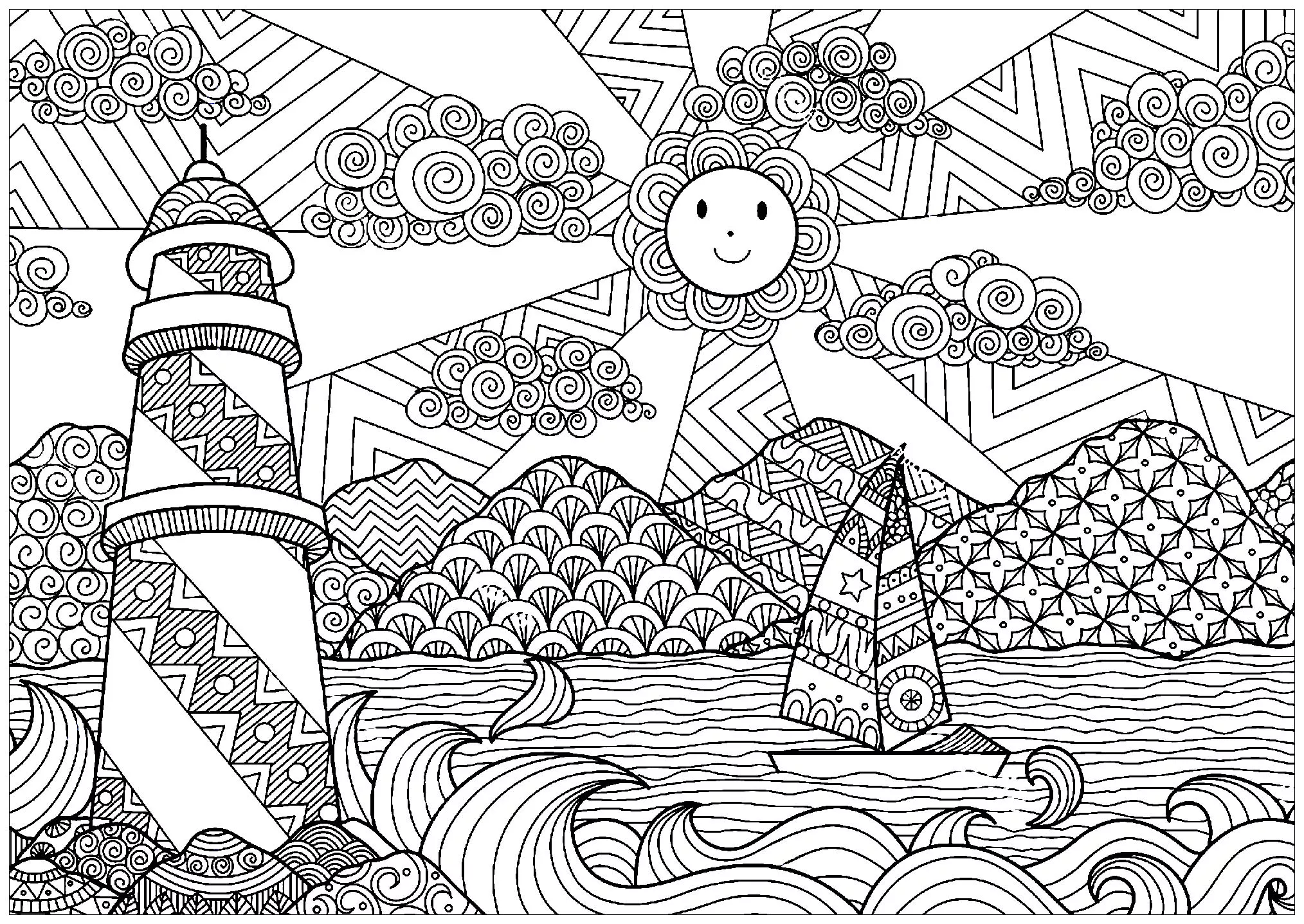 Seascape with lighhouse and sun (Printable Images tagged "sun" Coloring Page for adults)