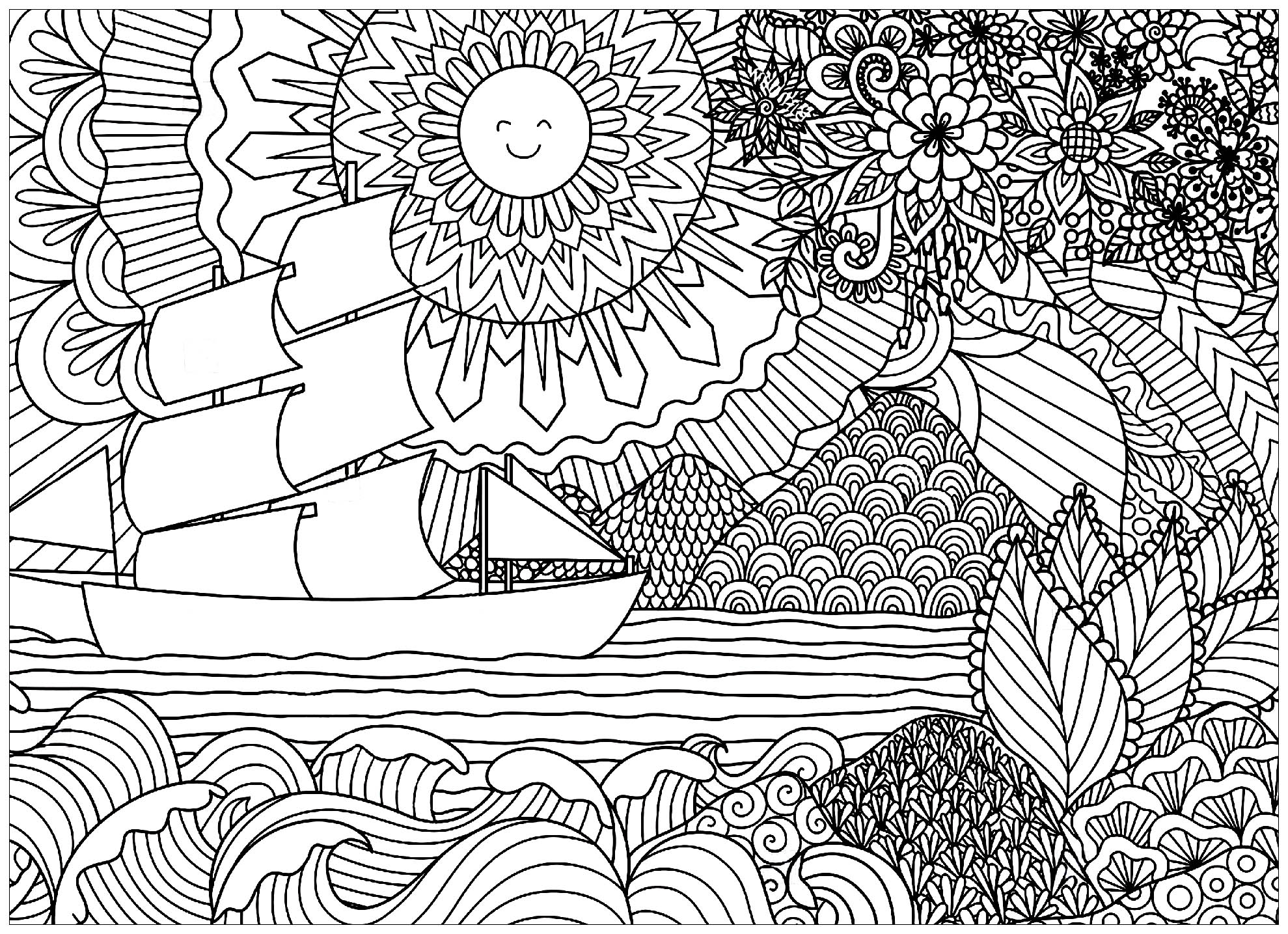 Coloring adult seascape with sun and boat