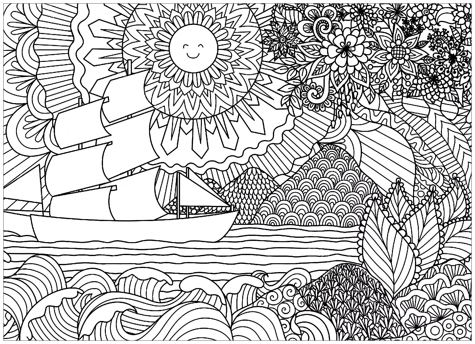 Seascape with sun and boat (Printable Landscape Coloring Page for adults)