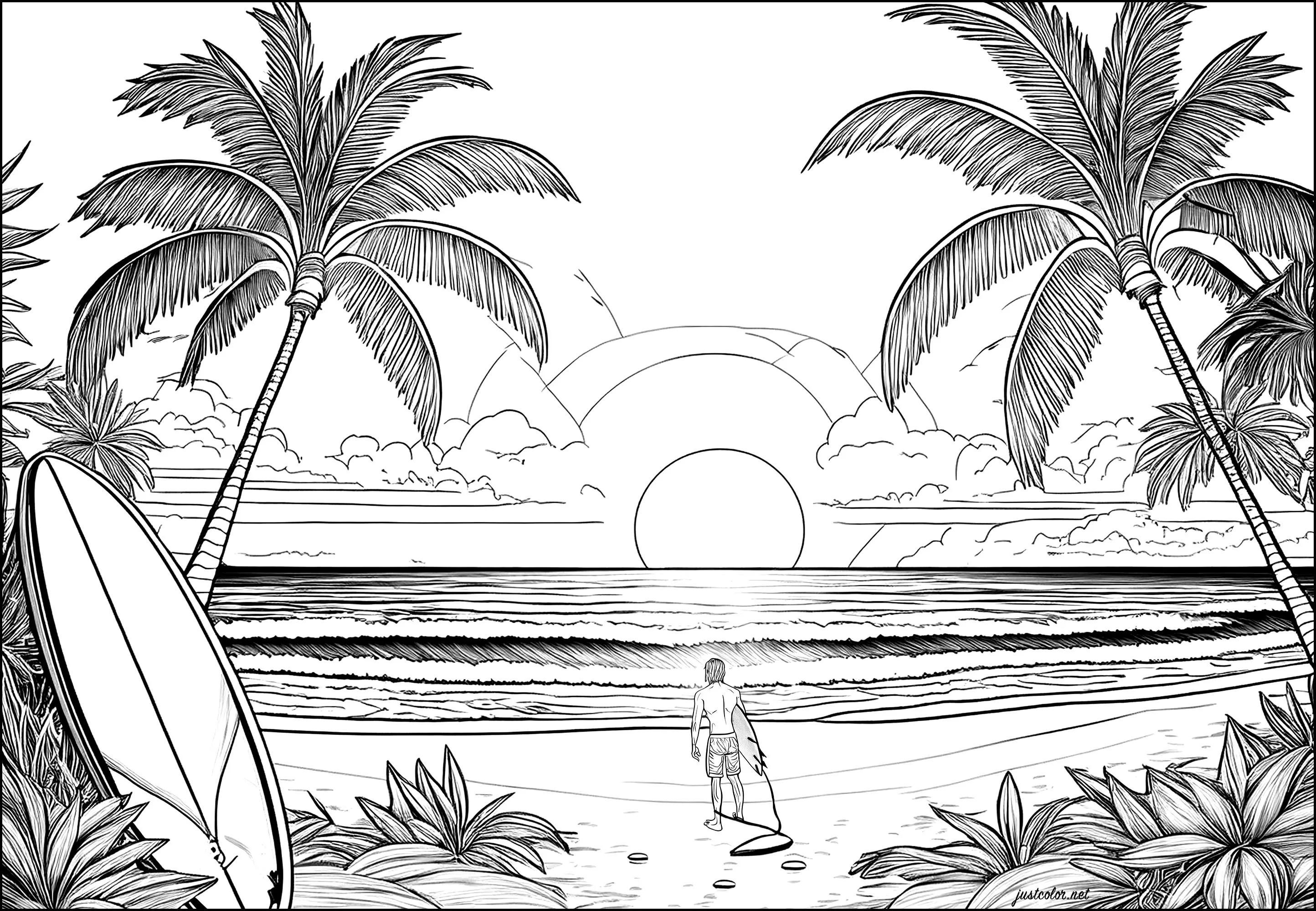 Surfing in Hawaii (Printable Landscape Coloring Page for adults)