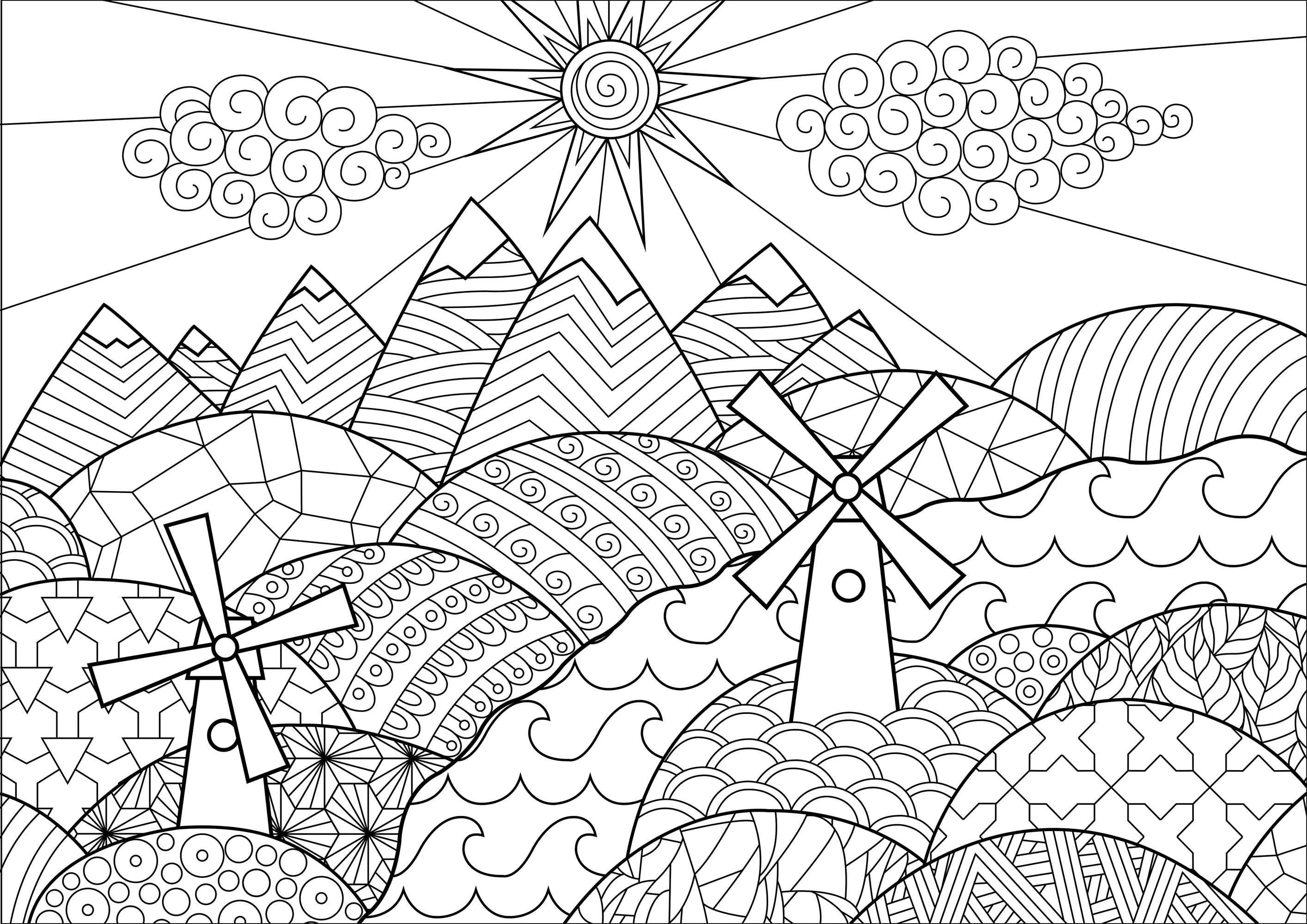 Landscape with mills (Printable Coloring Page for adults)