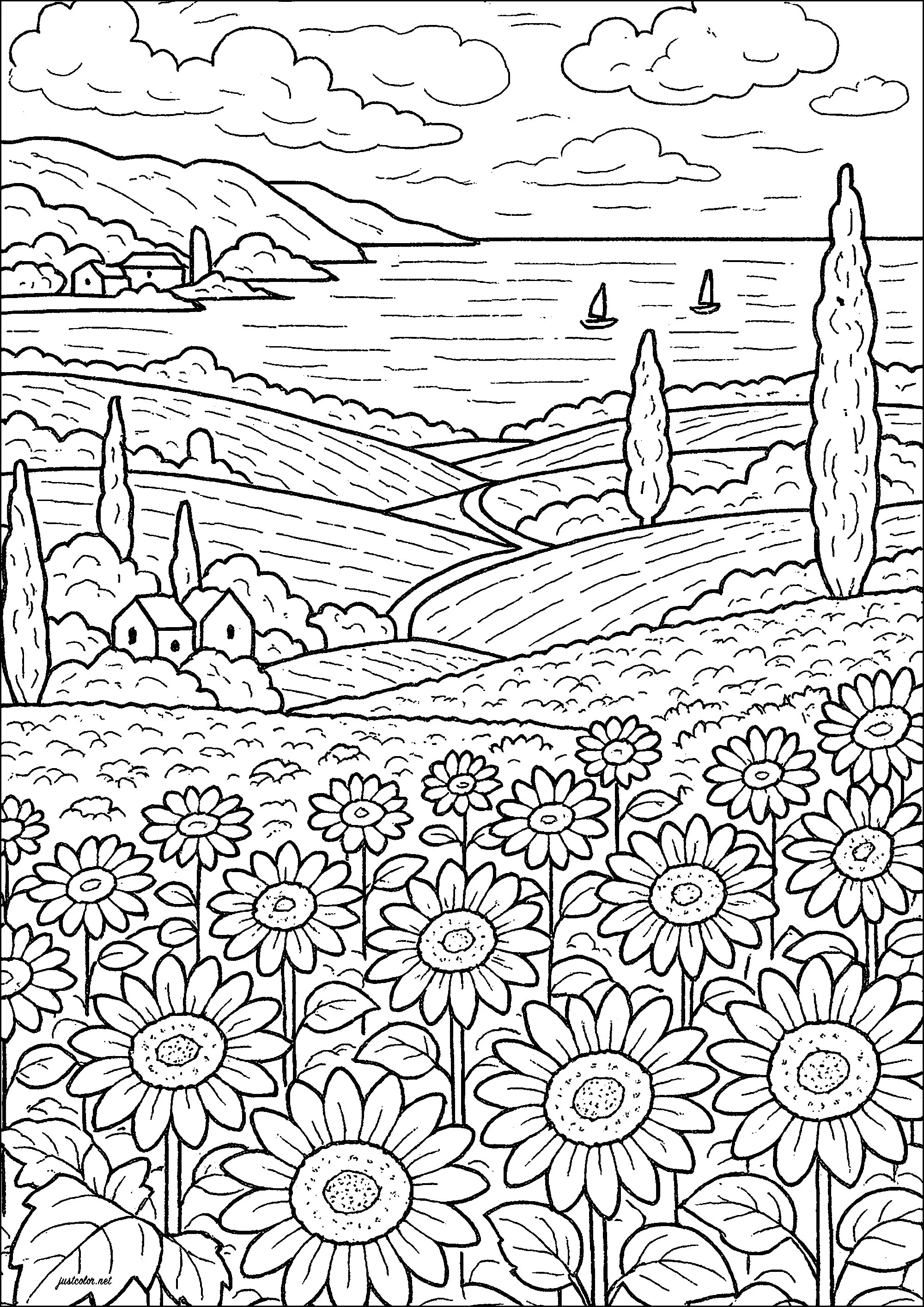 Beautiful landscape in the South of France (Printable Coloring Page for adults)