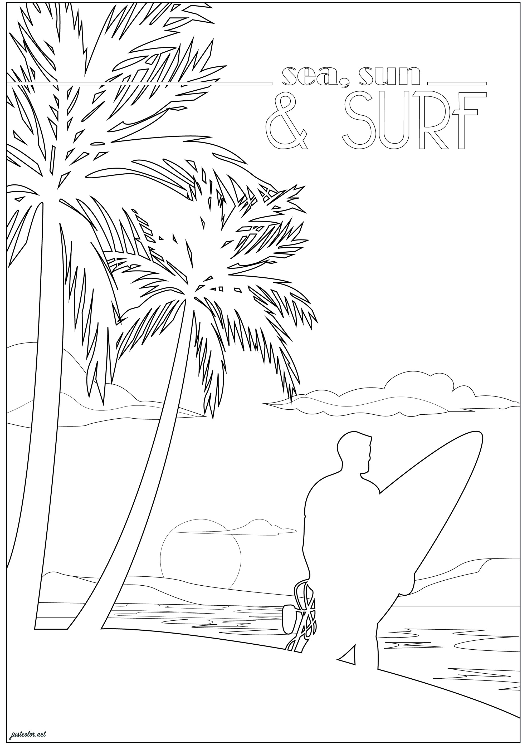 Surfing on the beach (Printable Landscape Coloring Page for adults)