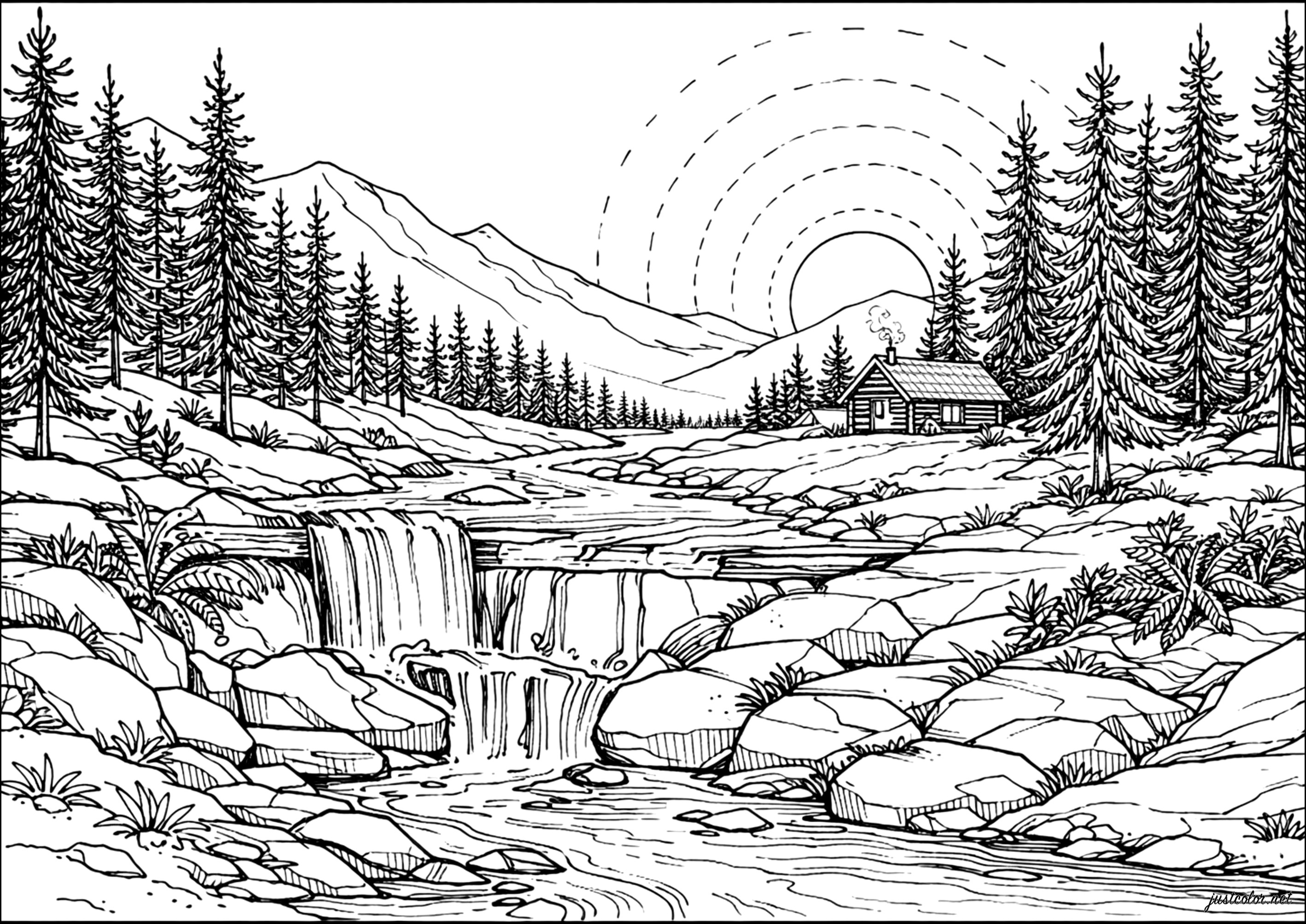 A tranquil waterfall in the heart of the mountains (Printable Landscape Coloring Page for adults)