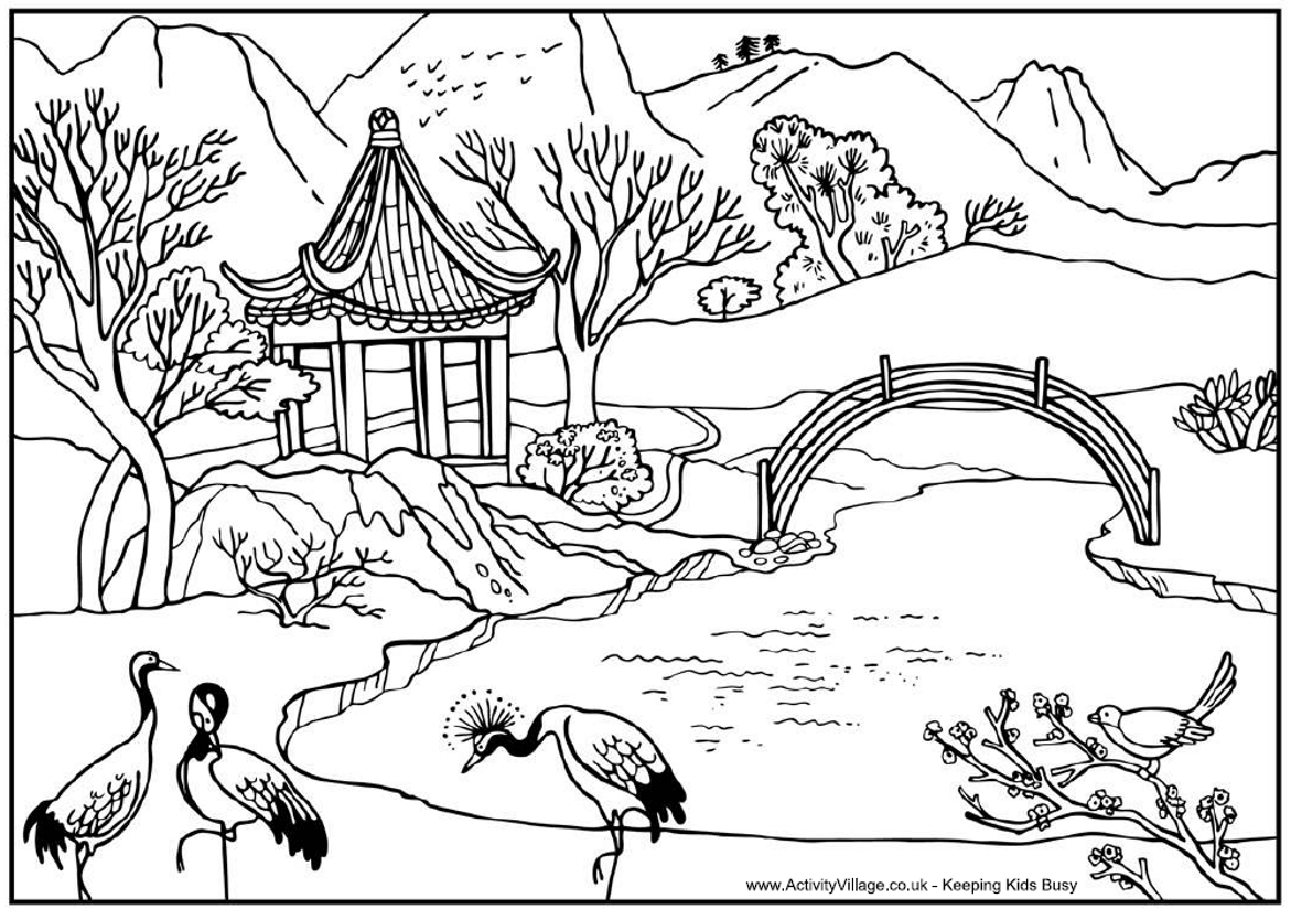 An Asian landscape to color