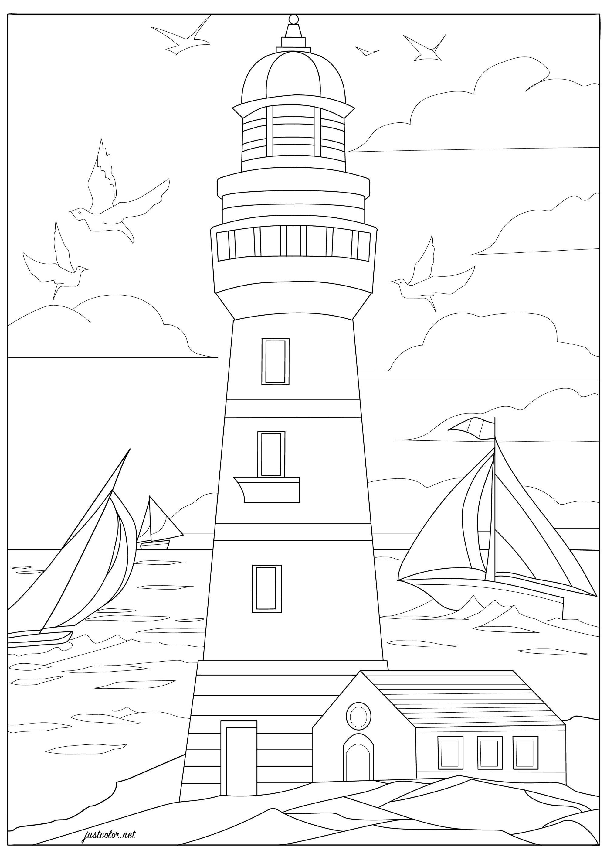 Vacations in Brittany. Lighthouse and keeper's house, pretty seagulls, sailboats and a beautiful seascape, Artist : Morgan
