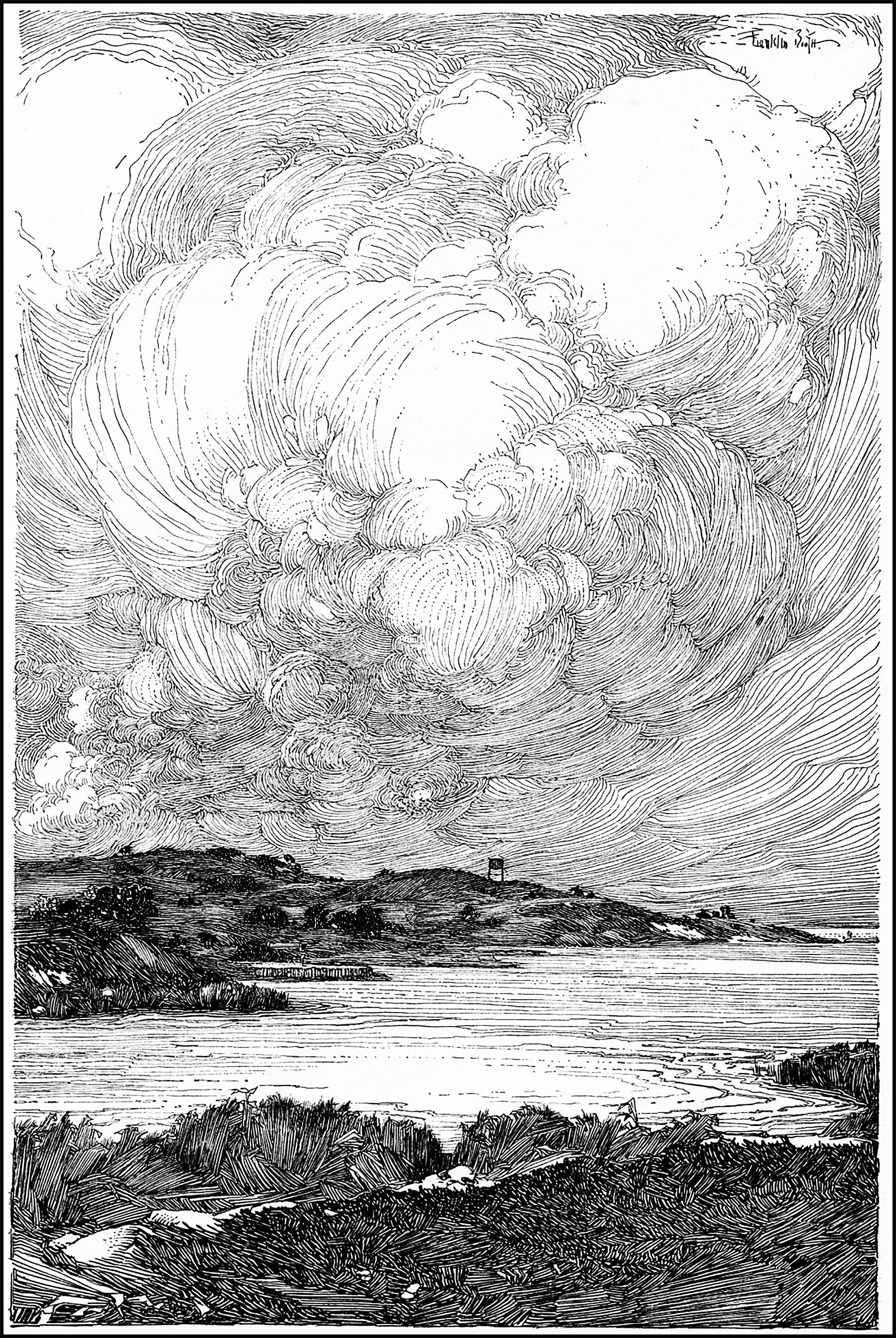 Detailed pen-and-ink illustration of an incredible seascape, by Franklin Booth, (1874 - 1948)