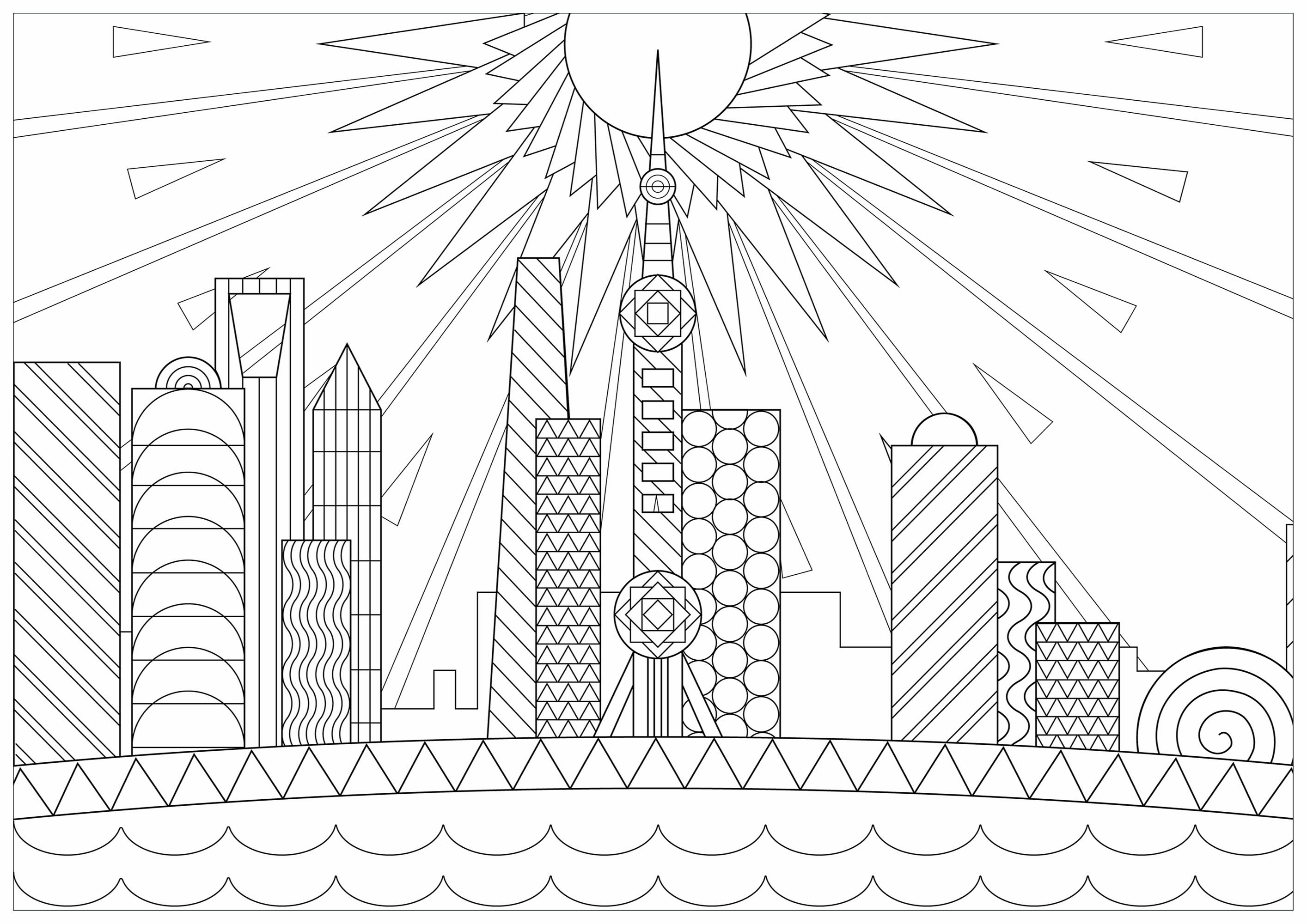 Shanghai is China's largest city by population and the world's second most populous. Color this beautiful view of the city, with a magnificent sun in the background, Artist : Davy