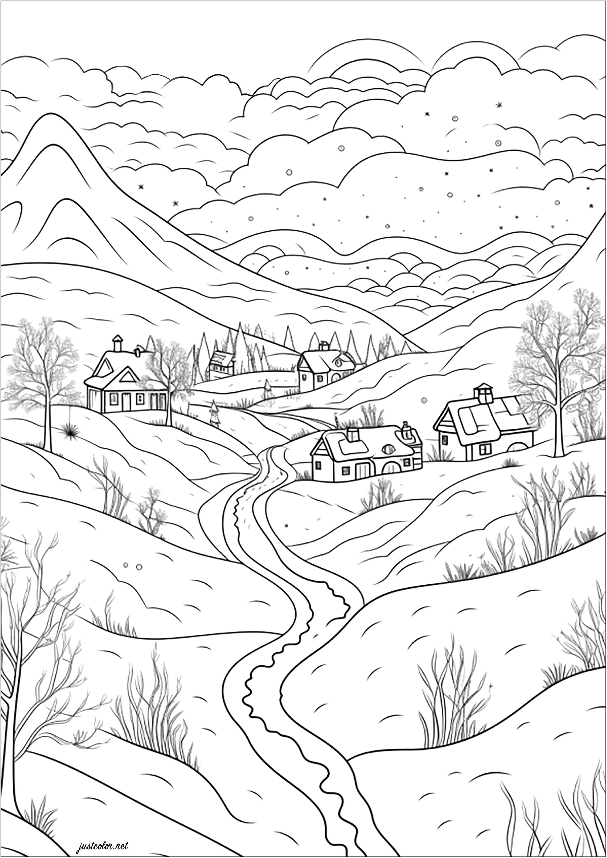 Beautiful village in the mountains. Color this pretty snowy landscape