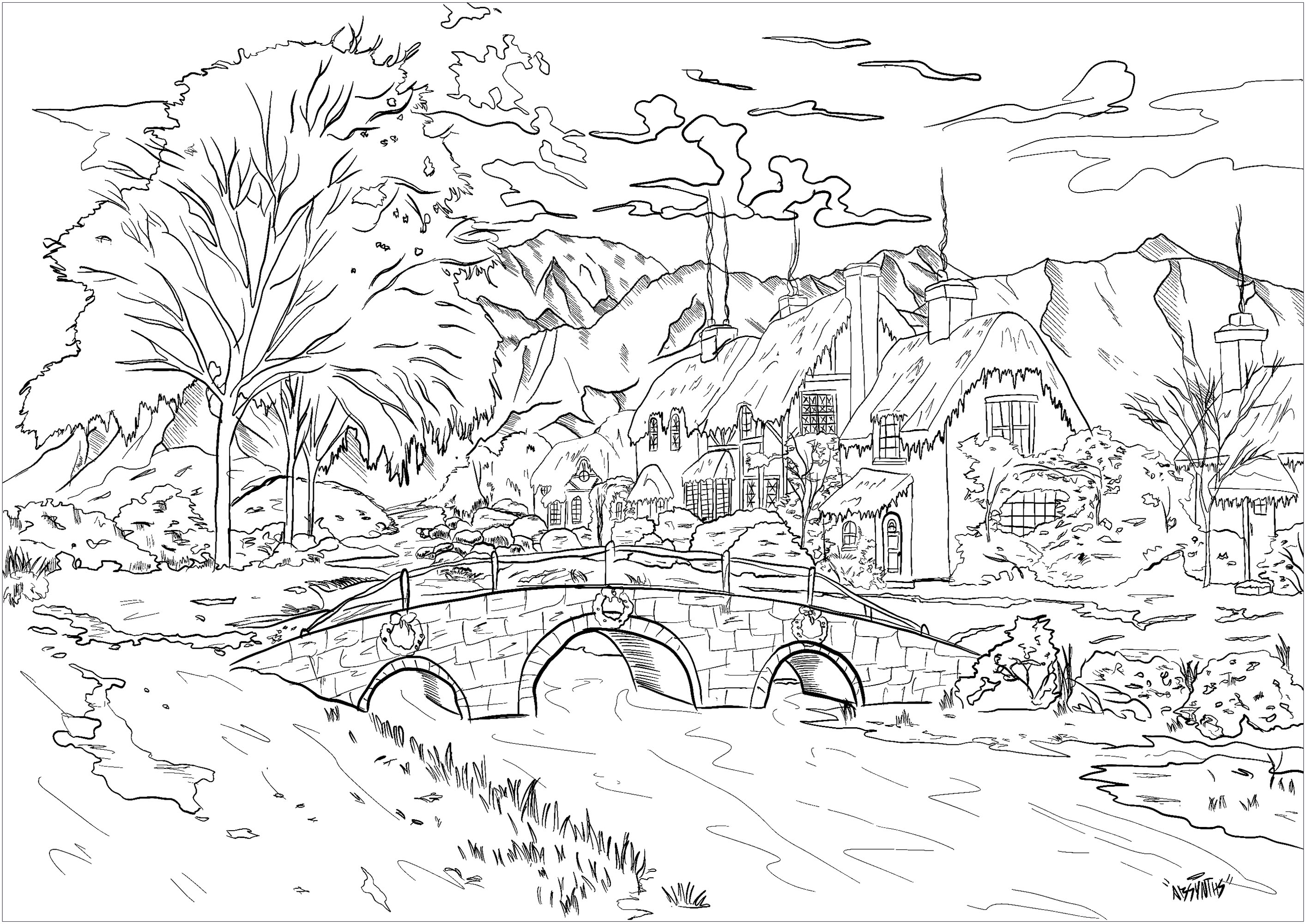 Color this beautiful village filled with the spirit of Christmas ...  with its pretty bridge, its beautiful thatched cottages with smoking fireplaces ... large trees and a mountain range in the background complete the picture, Artist : Absynths