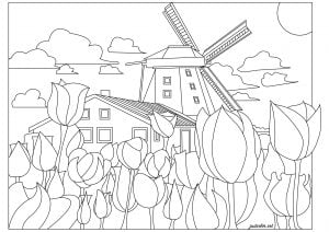 Netherlands: windmill and tulips (Landscape Coloring Page)
