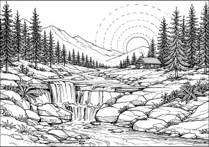 A tranquil waterfall in the heart of the mountains (Landscape Coloring Page)
