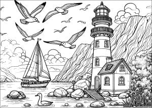 Seaside lighthouse with sailboat and seagulls (Landscape Coloring Page)