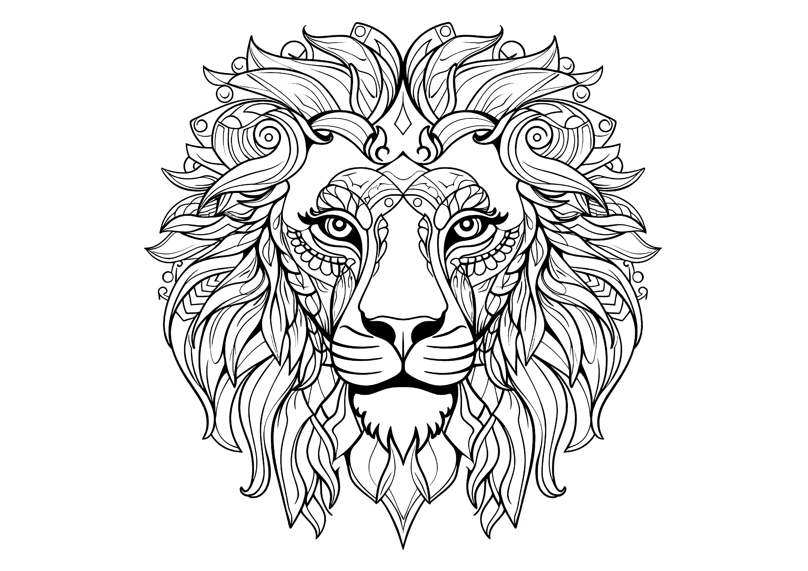 Lion's head and beautiful motifs (Printable Coloring Page for adults)