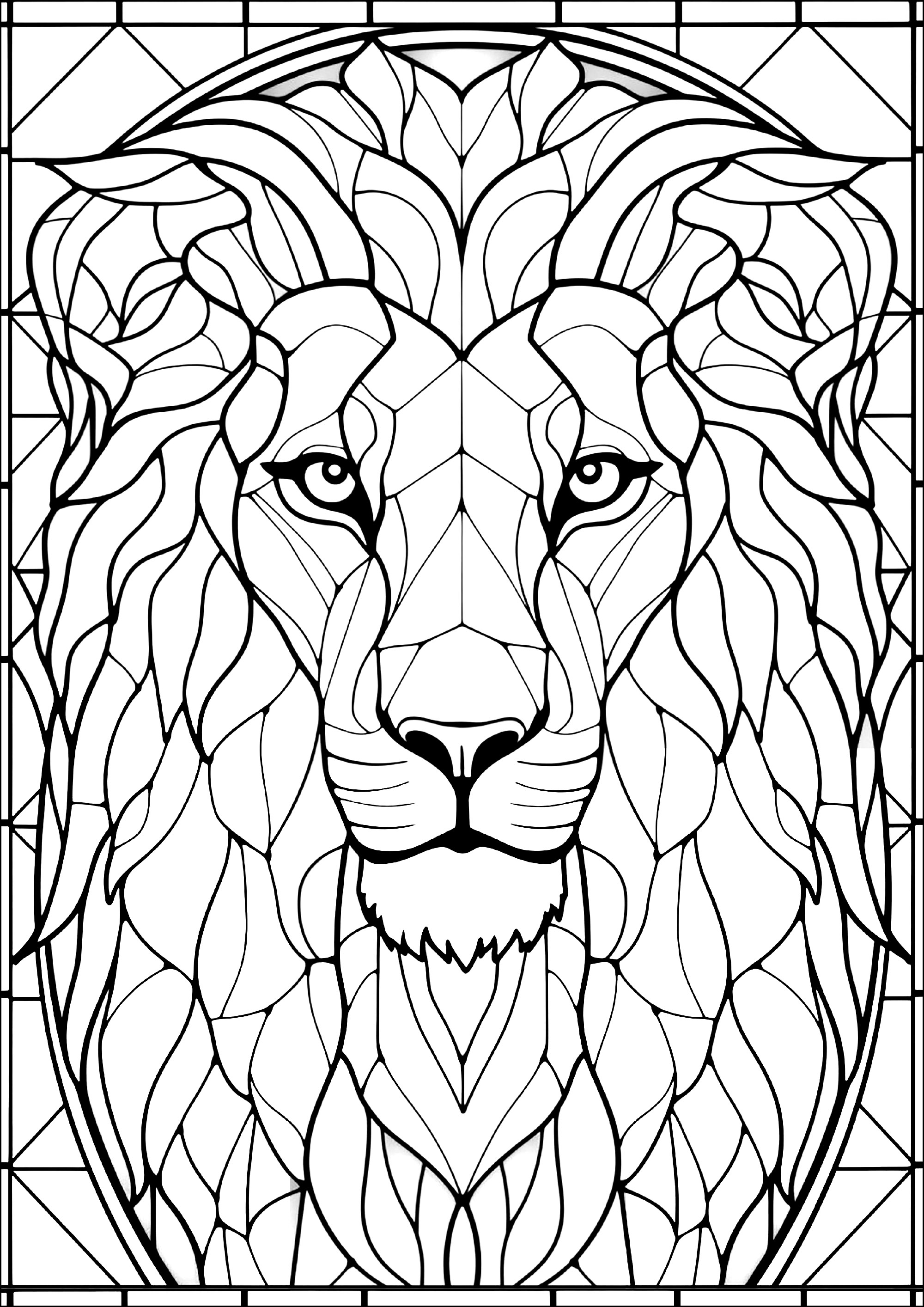 Lion drawn like a stained-glass window (Printable Coloring Page for adults)