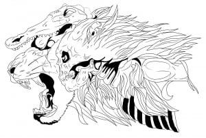 Lion, crocodile and skull