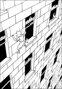 Tintin clinging to a building