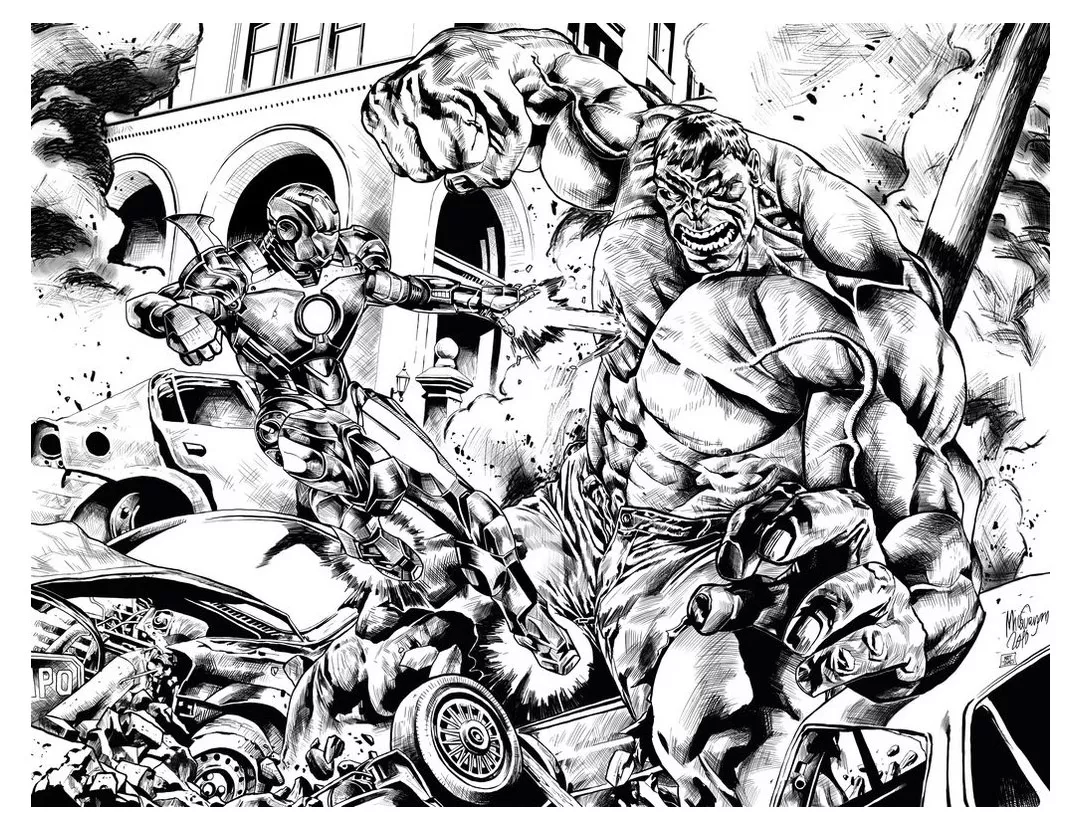 Iron Man vs Hulk (Printable Book and Comic Coloring Page for adults)