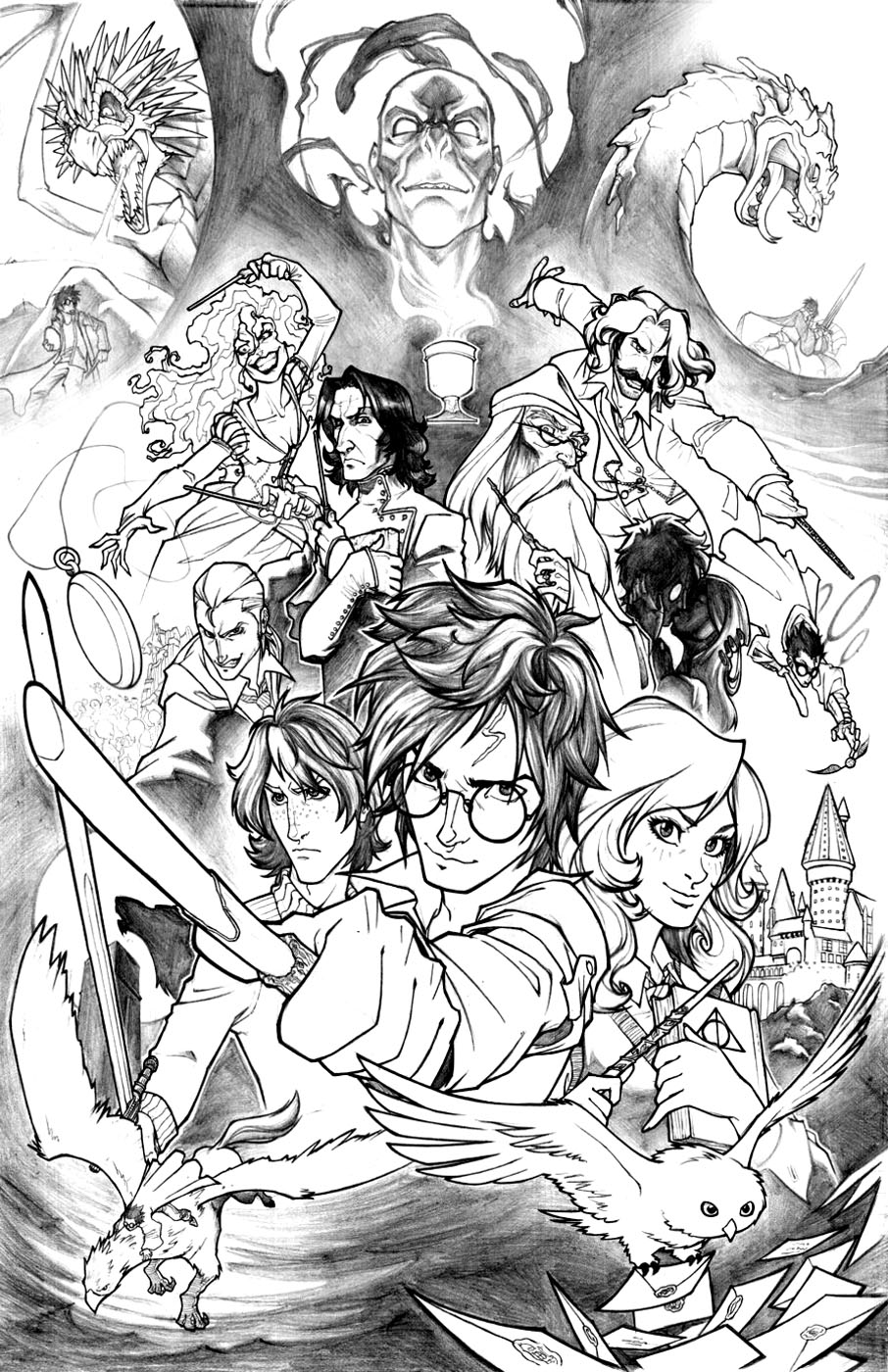 Coloring page representing Harry Potter and his friends Hermione and Ron against his ennemies Voldemort, Lestrange and others ...