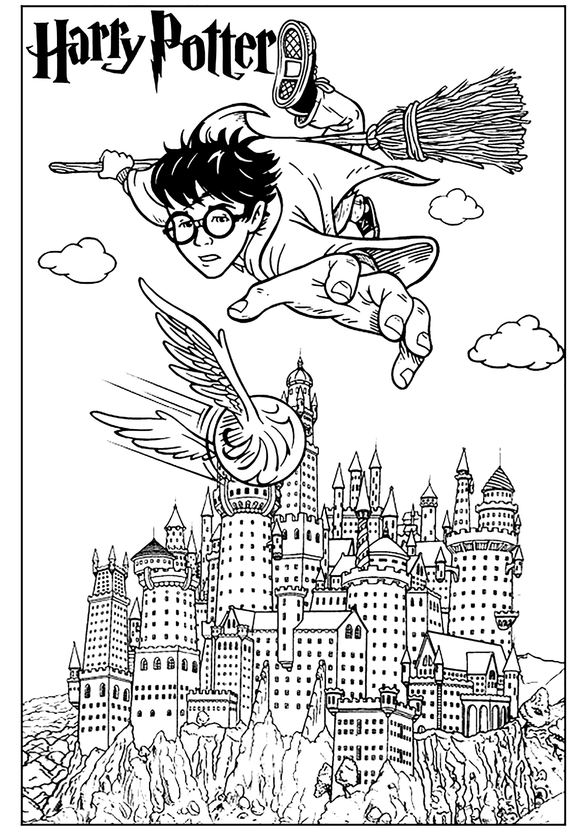 Harry Potter flying over Hogwarts during a Quidditch match