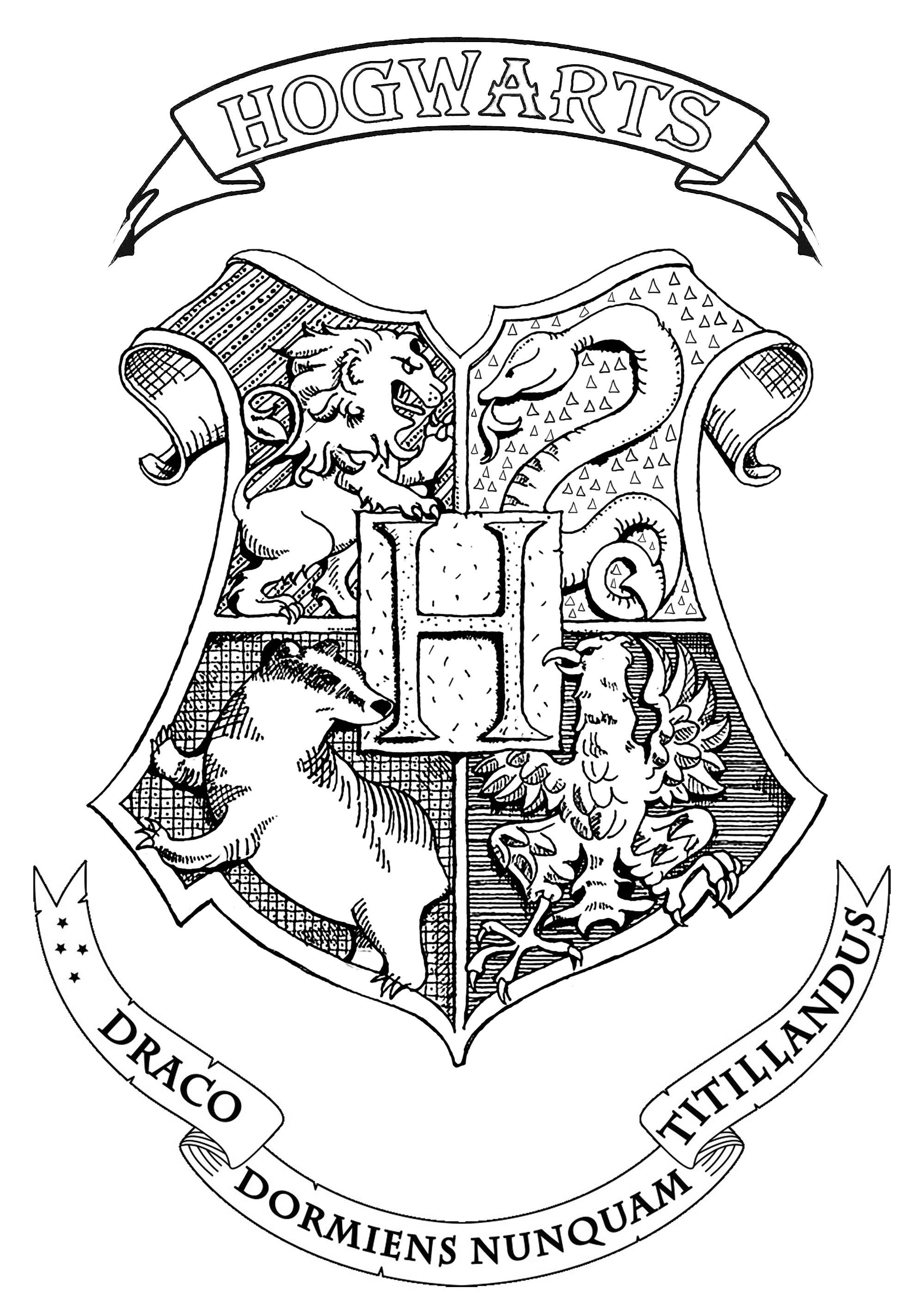 Symbol, emblem, seal, sign, logo or flag of Hogwarts : School of Witchcraft and Wizardry in Harry Potter books.