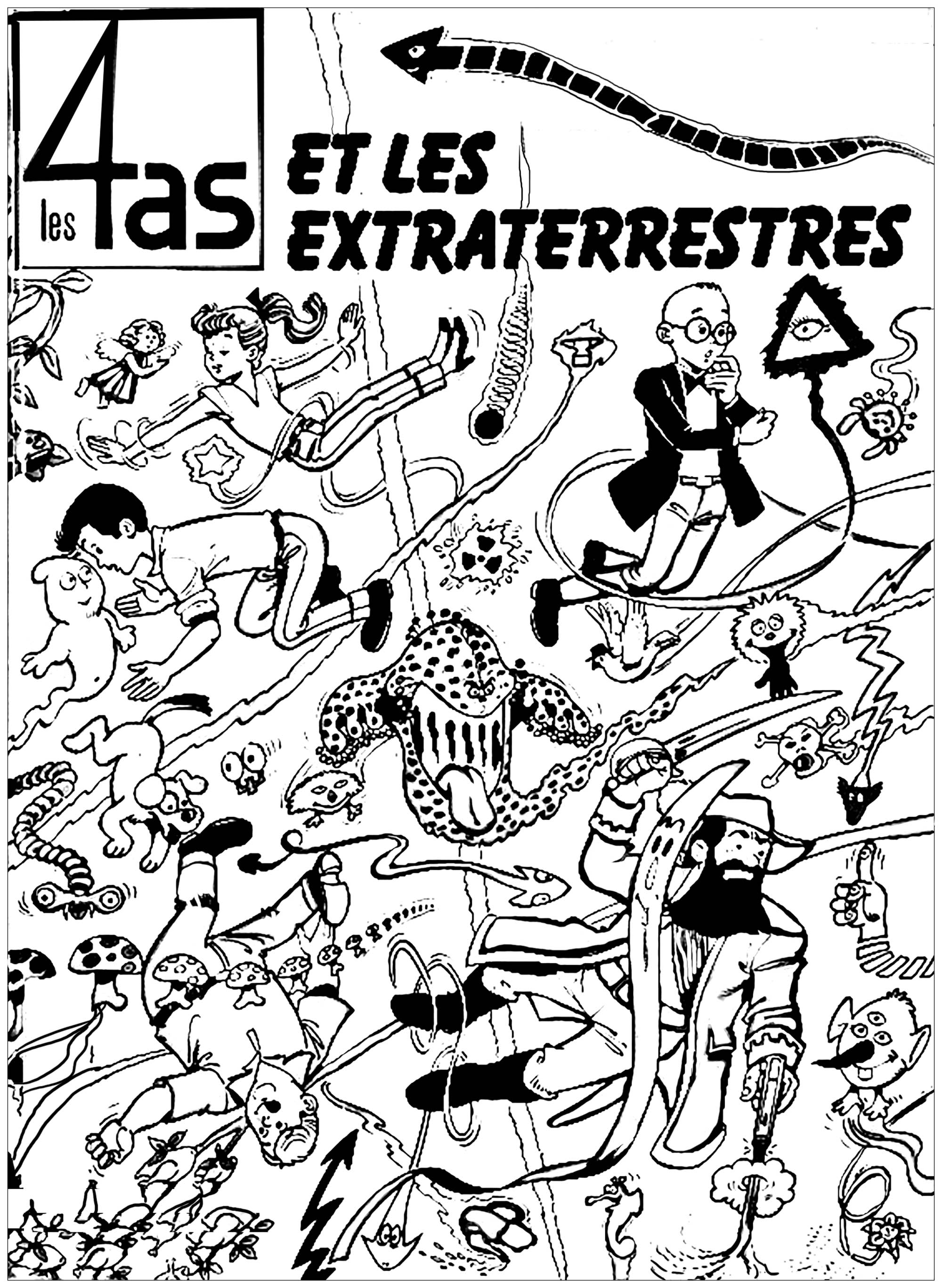 Coloring page created from the cover of a French strip cartoon : 'Les Quatre As'.