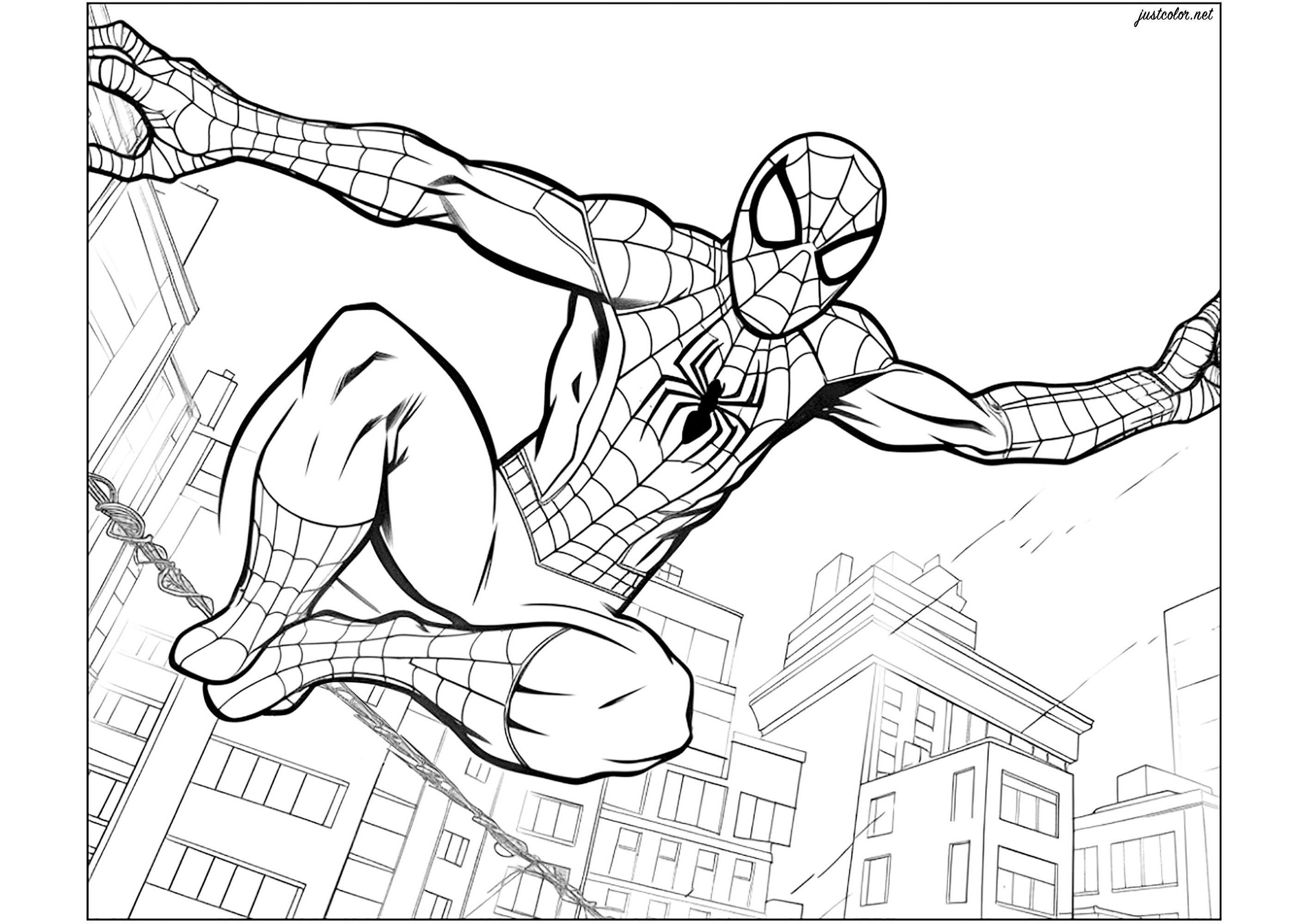 Spiderman above the rooftops of New York City. Pretty coloring page with Spiderman and buildings to color in the background