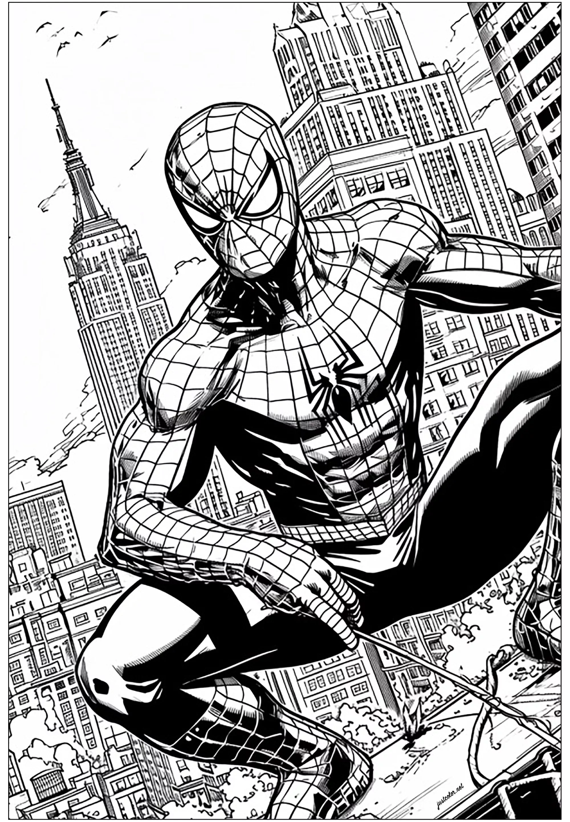 Spider-man with the Empire State Building in the background (Printable Book and Comic Coloring Page for adults)