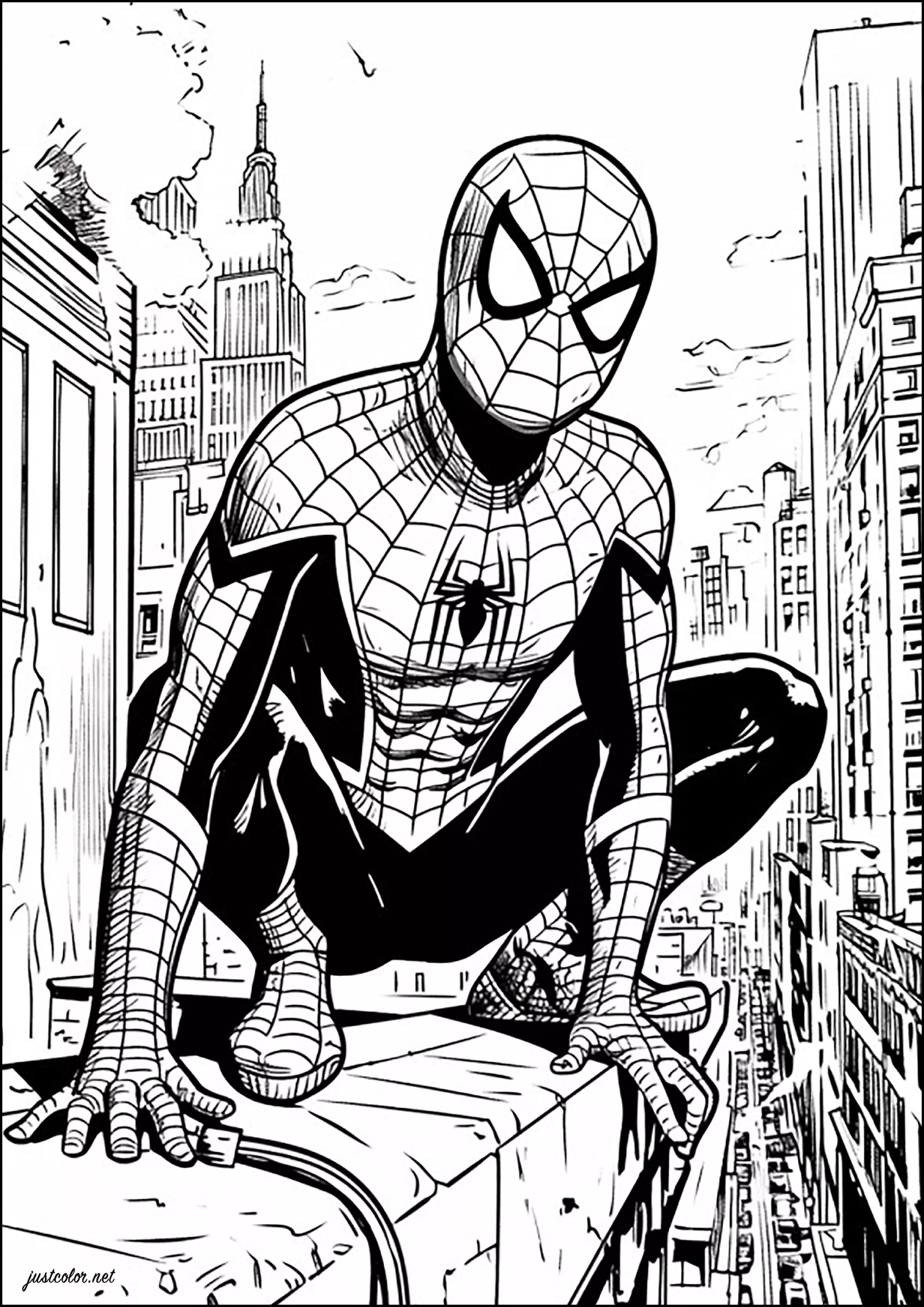 Spider-man rests on the roof of a New York building (Printable Book and Comic Coloring Page for adults)