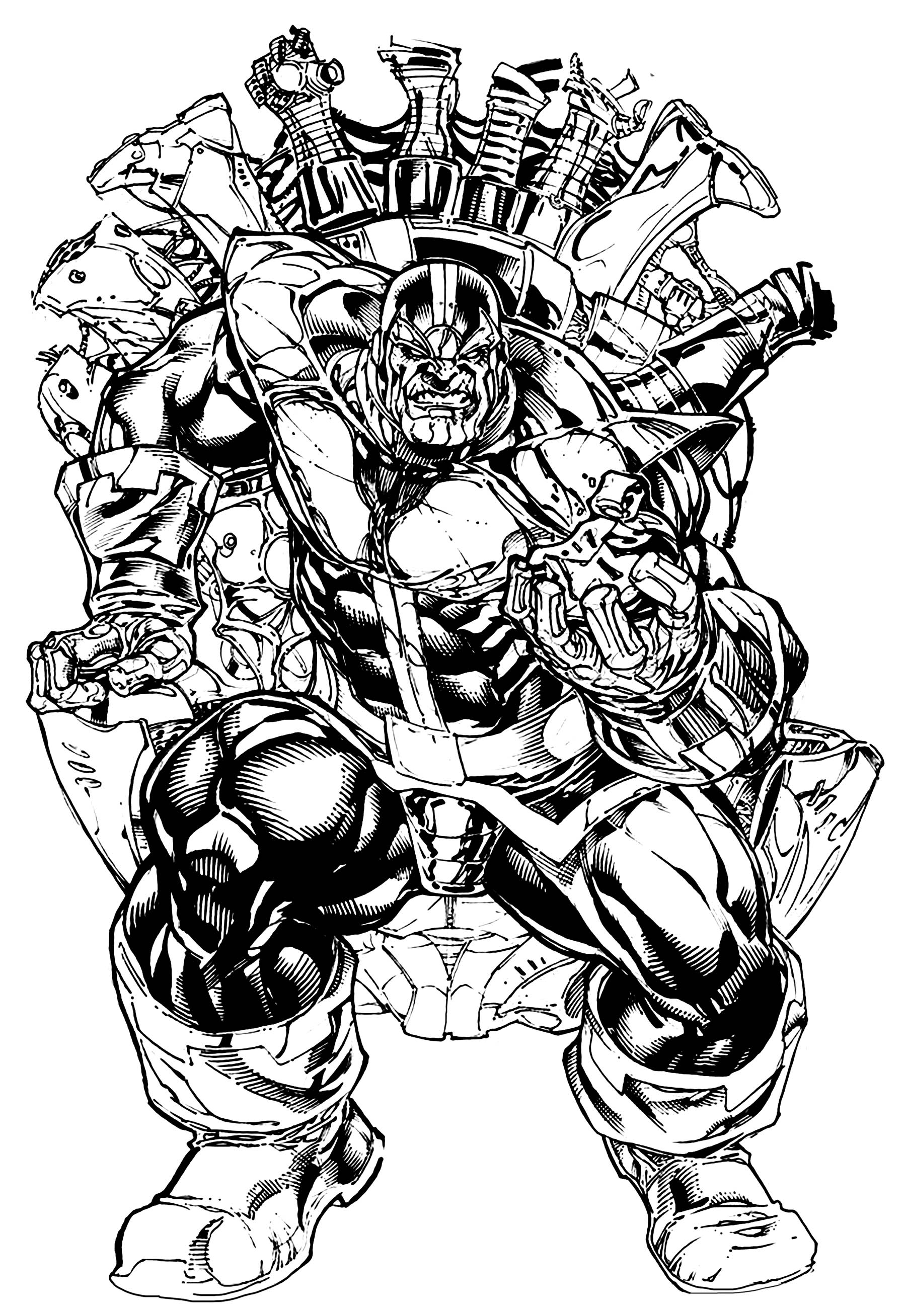 Thanos, the supervillain from Marvel Comics. Coloring page inspired by a fan-art drawing by Kevin Sharpe.