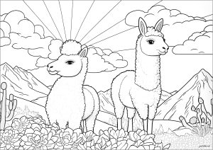 Llamas in a flowery field