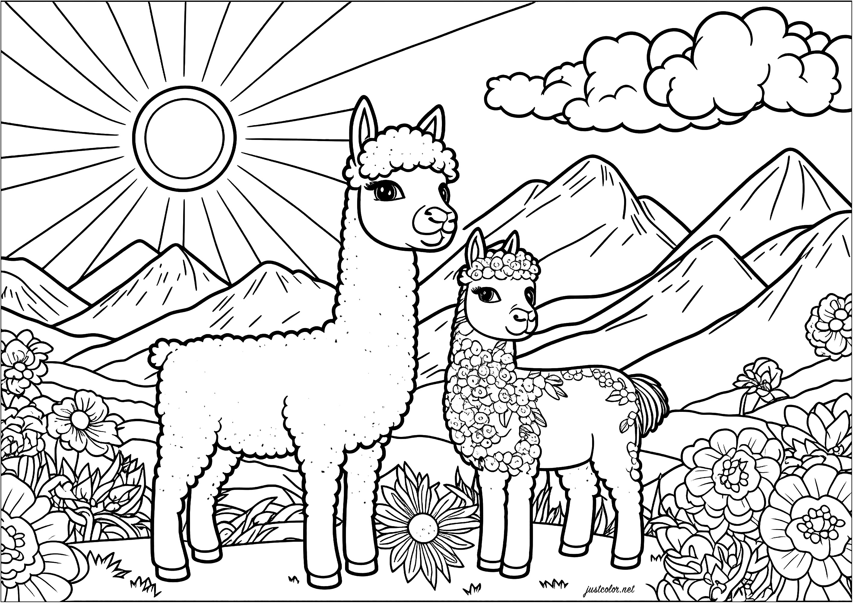 Coloring two llamas in a dream landscape. The 'Two llamas: mother and calf' coloring page is a very simple design, but with lots of detail. The mountainous landscape in the background and the many flowers will be a real pleasure to color.