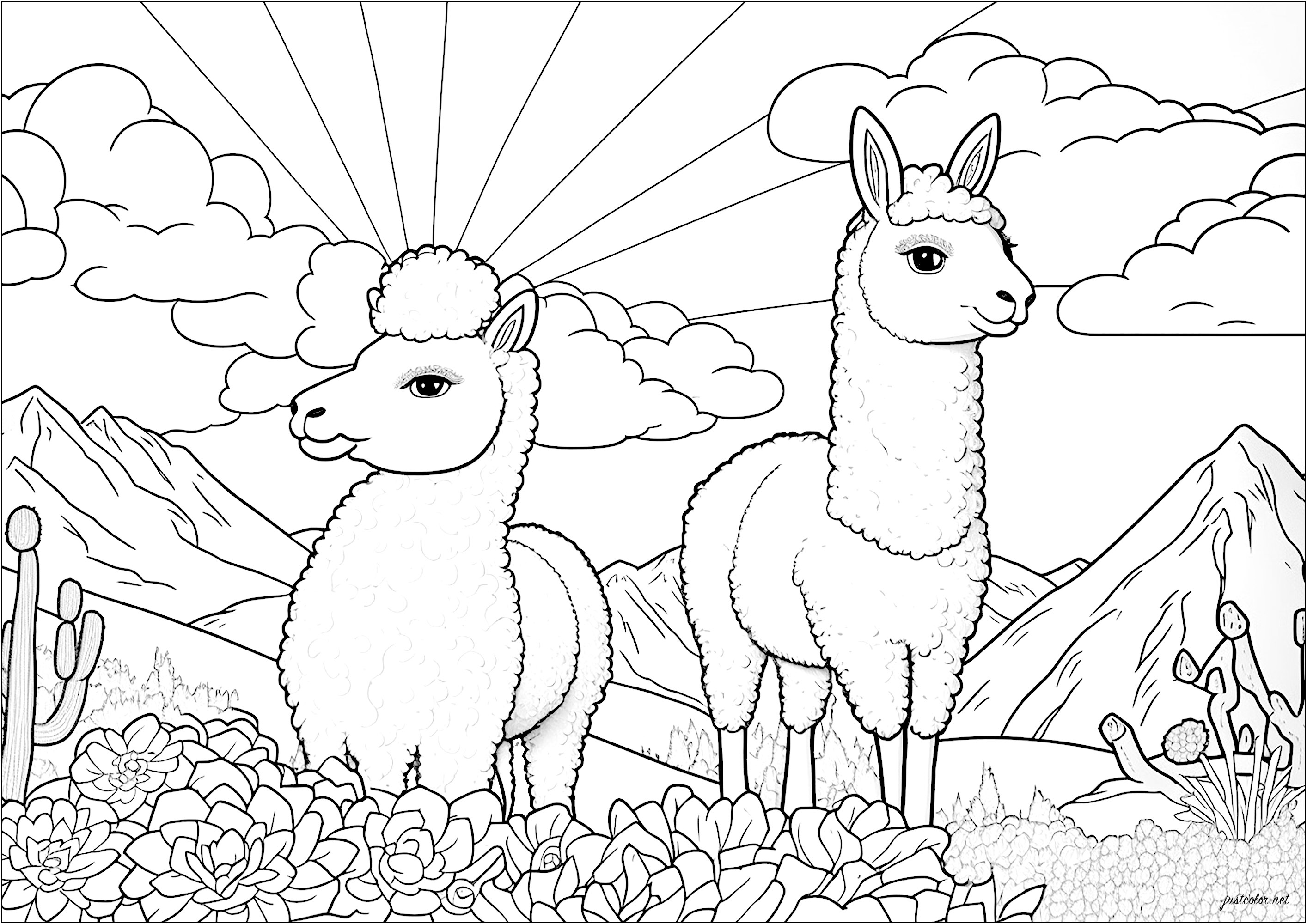 Coloring of two llamas in a field of flowers. These two llamas are looking around, as if they are savoring every moment. This coloring page will delight those who want to escape to a quieter, gentler world.