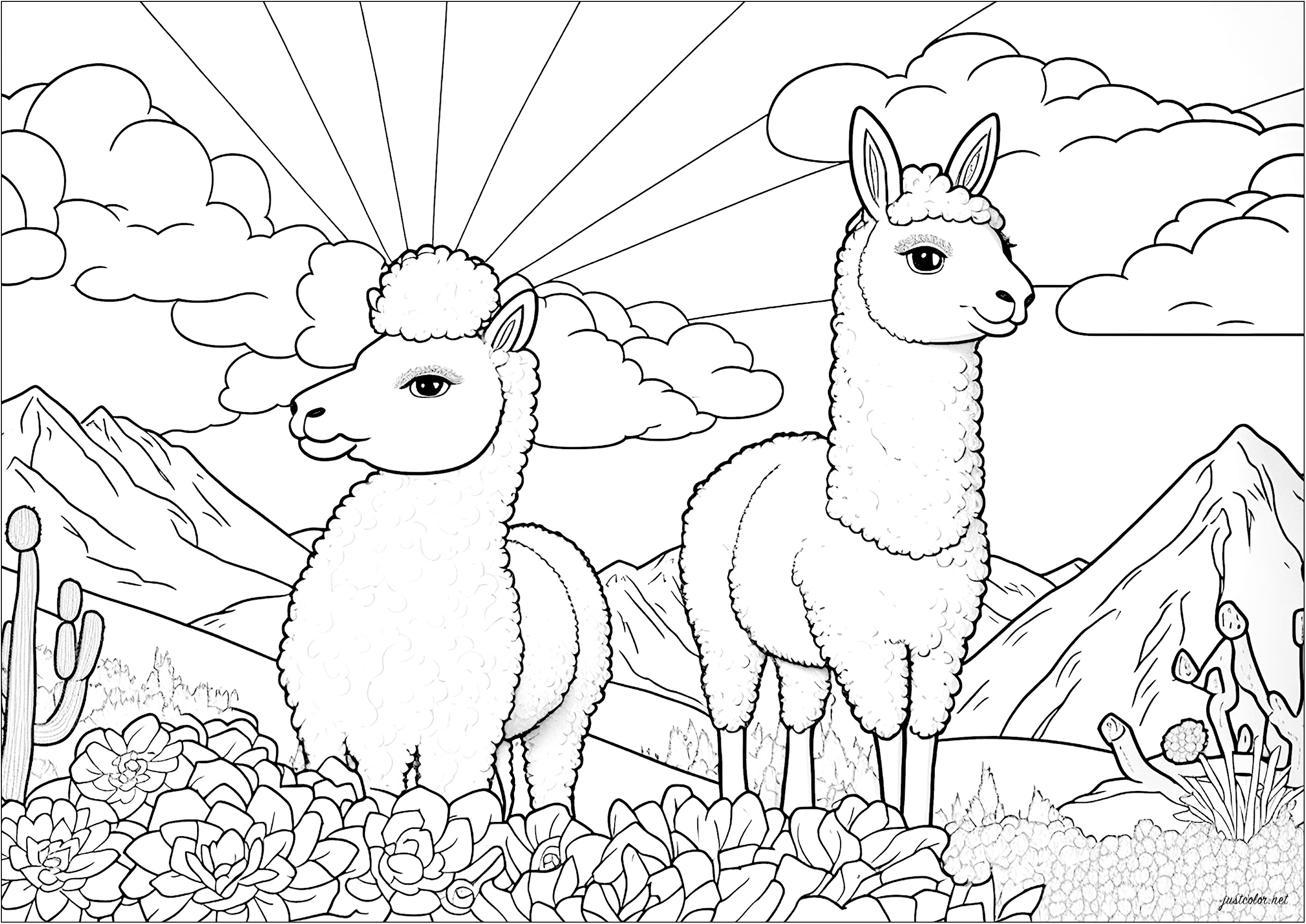 Coloring of two llamas in a field of flowers. These two llamas look around them, as if savoring every moment. This coloring page will delight those who want to escape to a calmer, gentler world.