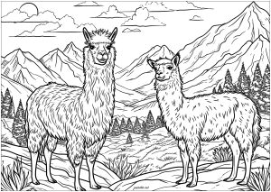 Two llamas in the mountains, looking very serious