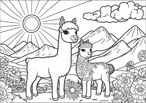 Two llamas : mother and her baby