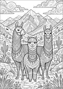 Three llamas in front of mountains